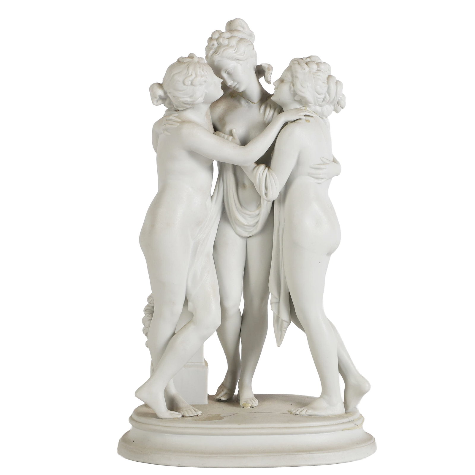 Hertwig Bisque After Antonio Canova's 'The Three Graces': Hertwig Bisque After Antonio Canova's 'The Three Graces' Hertwig bisque porcelain statuette after Neoclassicist Antonio Canova's (1757-1822) 'The Three Graces', said to personify beauty, charm & joy.