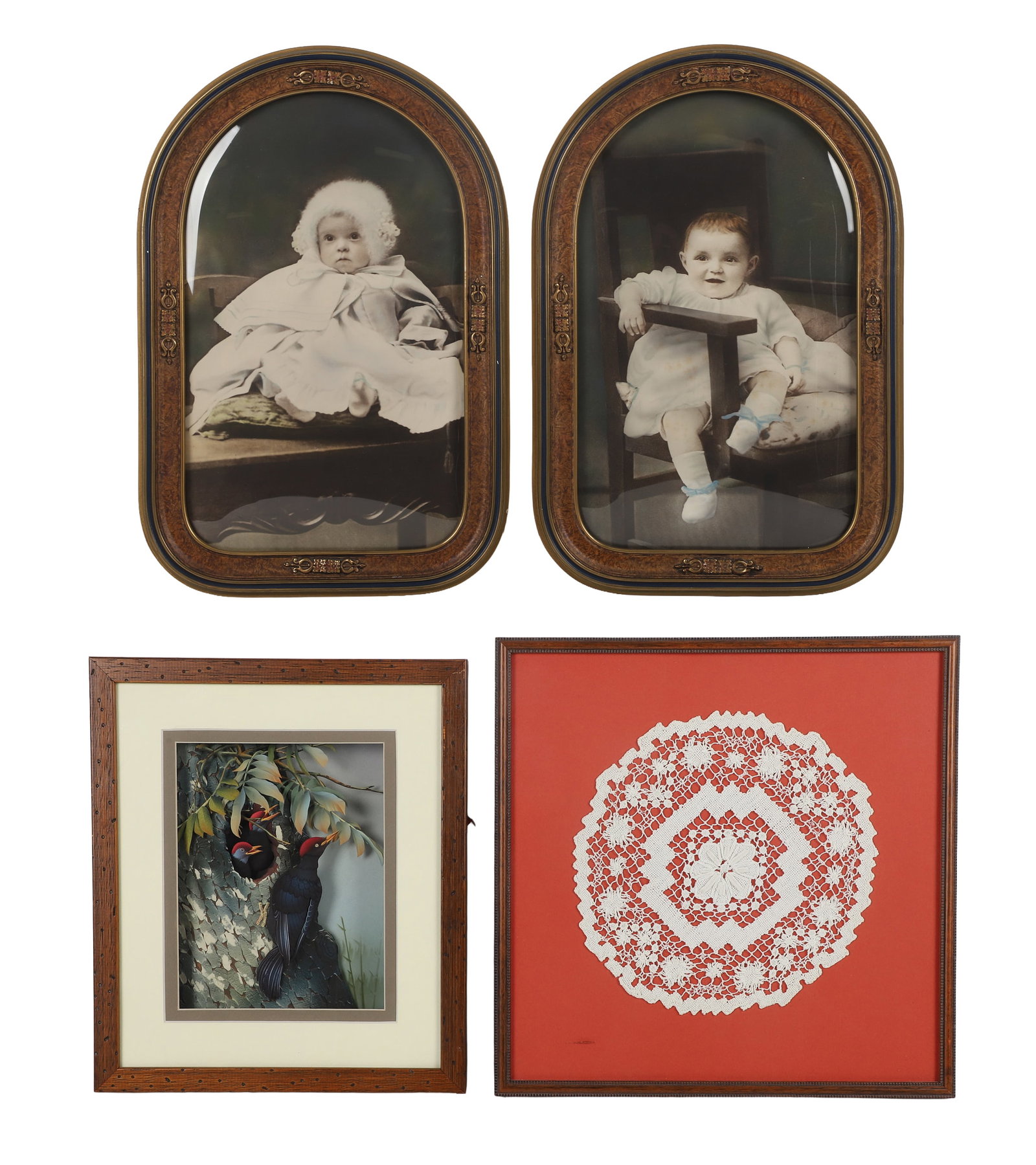 (4) Framed Decorative Portraits, Lace, etc.: (4) Framed Decorative Portraits, Lace, etc. (4) Framed decorative antiques featuring a pair of baby photos in 12 3/8" x 18 3/8" arched frames with labels on the back denoting them as sisters, each