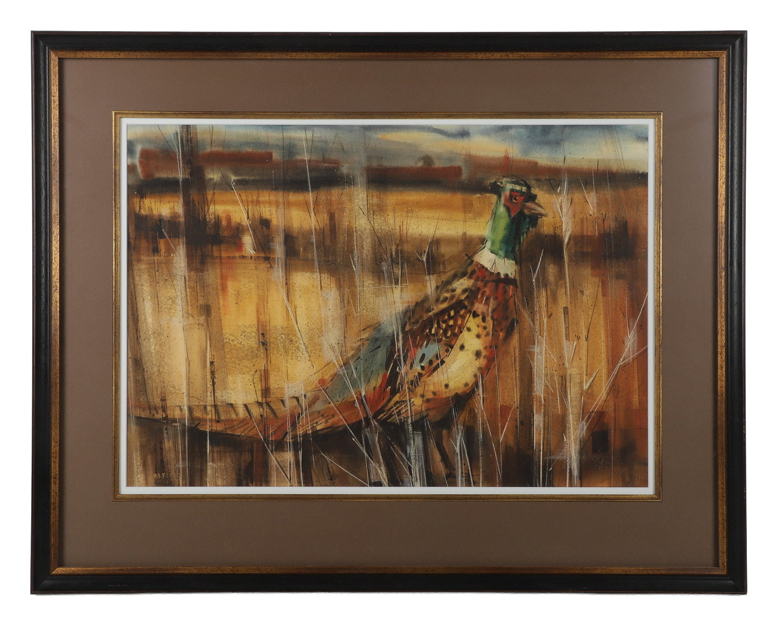 Pheasant Afield, Watercolor Painting: Pheasant Afield, Watercolor Painting Initialed R.S.F. (unidentified artist). 19.5" H x 28" W, sight. 30.25" H x 38.25" W, frame.