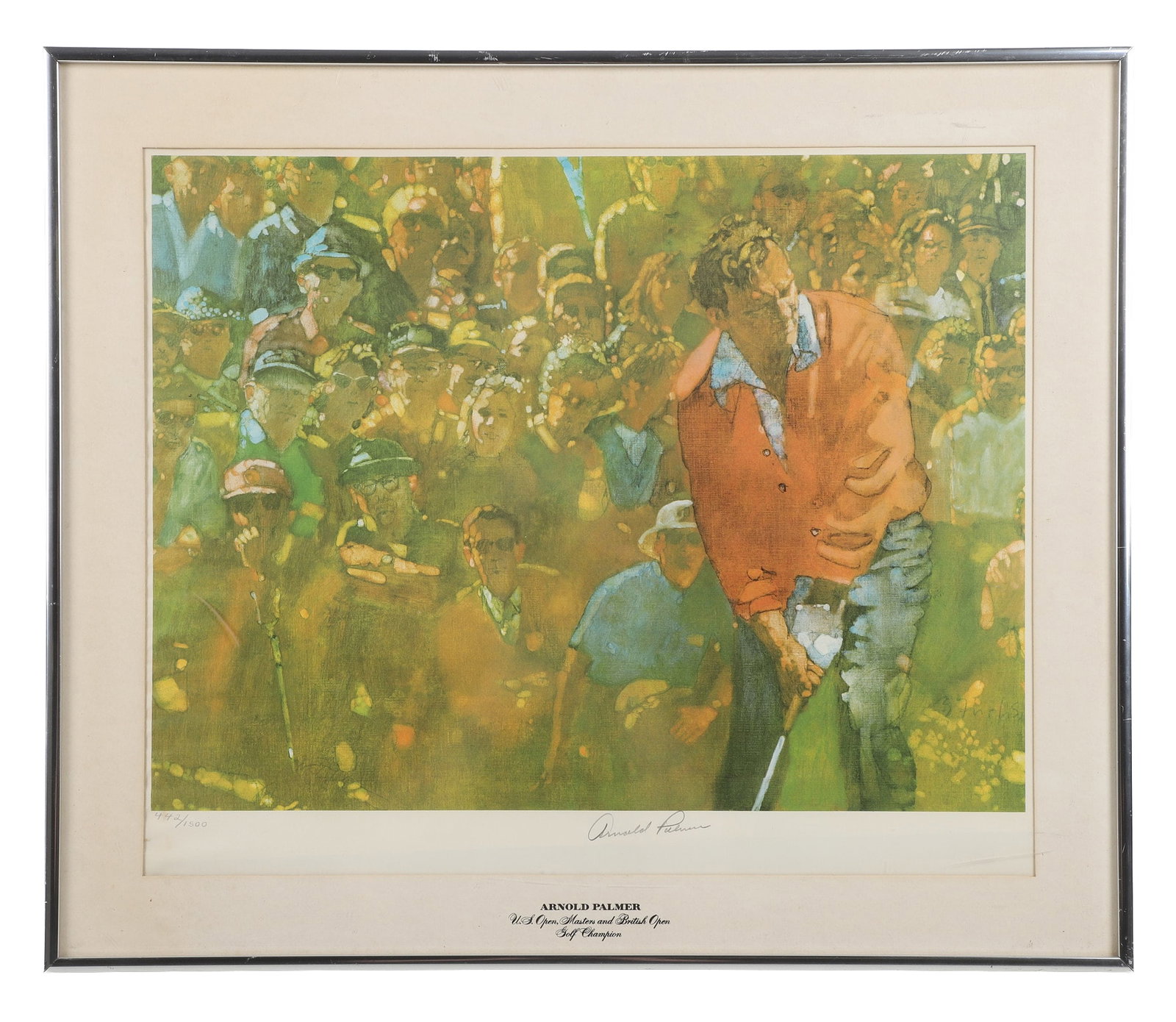 Bernie Fuchs, Arnold Palmer Signed Print 1974: Bernie Fuchs, Arnold Palmer Signed Print 1974 Living Legends print in an edition of 1500 and numbered 442. Pencil-signed by golf champion Arnold Palmer. Framed under glass. 16.5" H x 20" W, mat, 21"