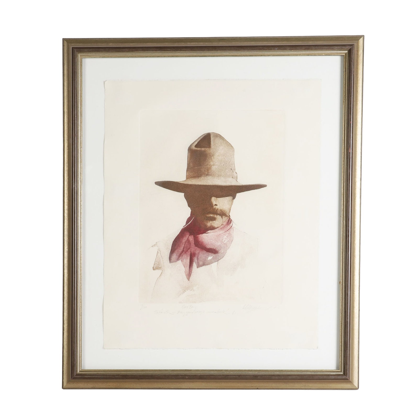 William Matthews Intaglio Lithograph: William Matthews Intaglio Lithograph "Cowboy" numbered 73/120, 1992. Framed under glass. Inscribed and pencil-signed. Documentation of Edition included. 22" H x 17" W, sheet, 29" H x 24" W, frame.
