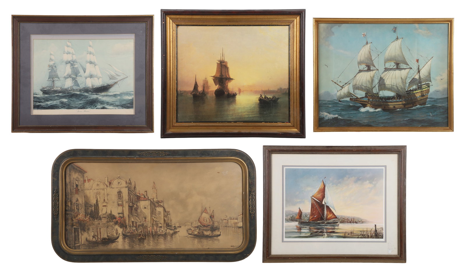 (5) Decorative Nautical and Maritime Works: (5) Decorative Nautical and Maritime Works Including a giclee print of an English School harbor painting, 2 tall ships lithographs, an early 20th-century Venice canal scene lithograph in an antique fr