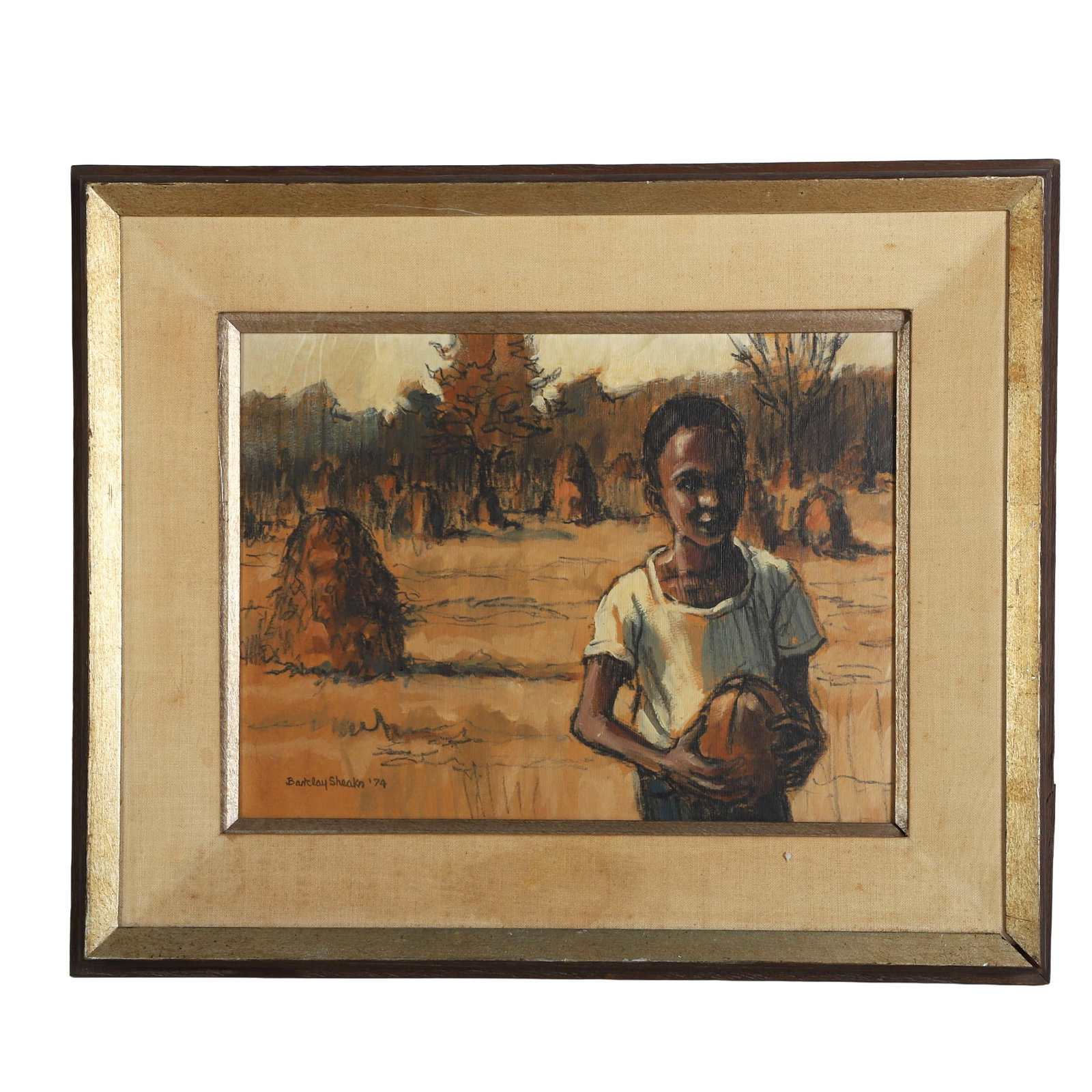 Barclay Sheaks (American, 1928-2010) Study Painting: Barclay Sheaks (American, 1928-2010) Study Painting An endearing portrait study for a larger work titled "Peanut Shocks." Acrylic on board, signed in the lower left corner and dated 1974. Bearing a ca