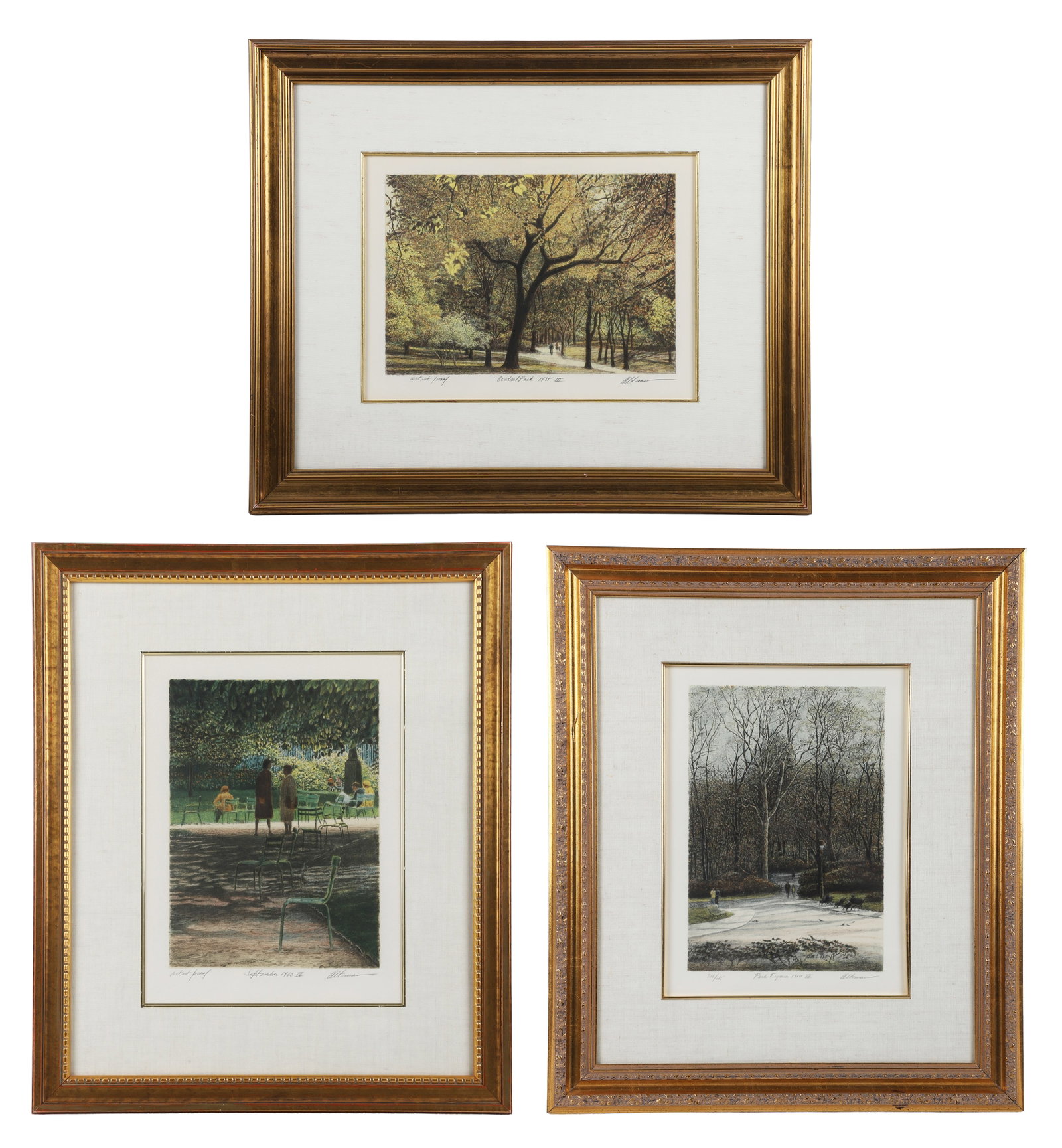 (3) Harold Altman Park Scene Prints: (3) Harold Altman Park Scene Prints Harold Altman (American, 1924-2003) suite of prints. Consisting of "Park Figures 1984 IV," which is pencil-signed, titled, and numbered 216/285 and printed by Mourl