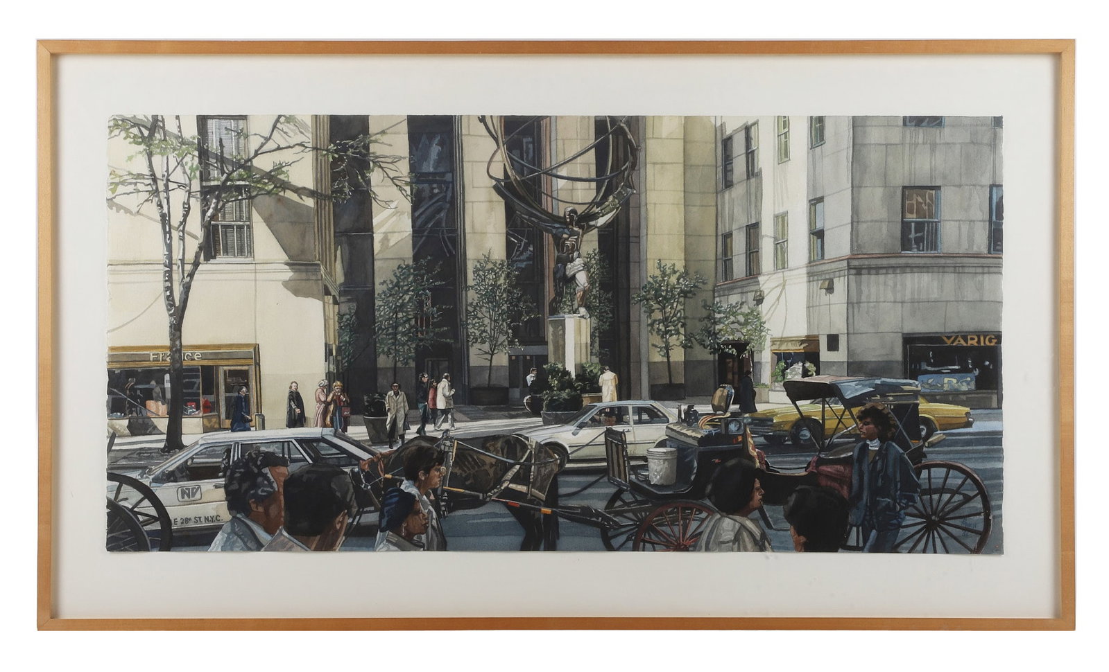 Barbara Minch (American, Active) Watercolor: Barbara Minch (American, Active) Watercolor A photorealistic New York Street scene at Rockefeller Center titled "Passing Fancy." Signed in the lower right corner and dated 1984. Framed under glass on 