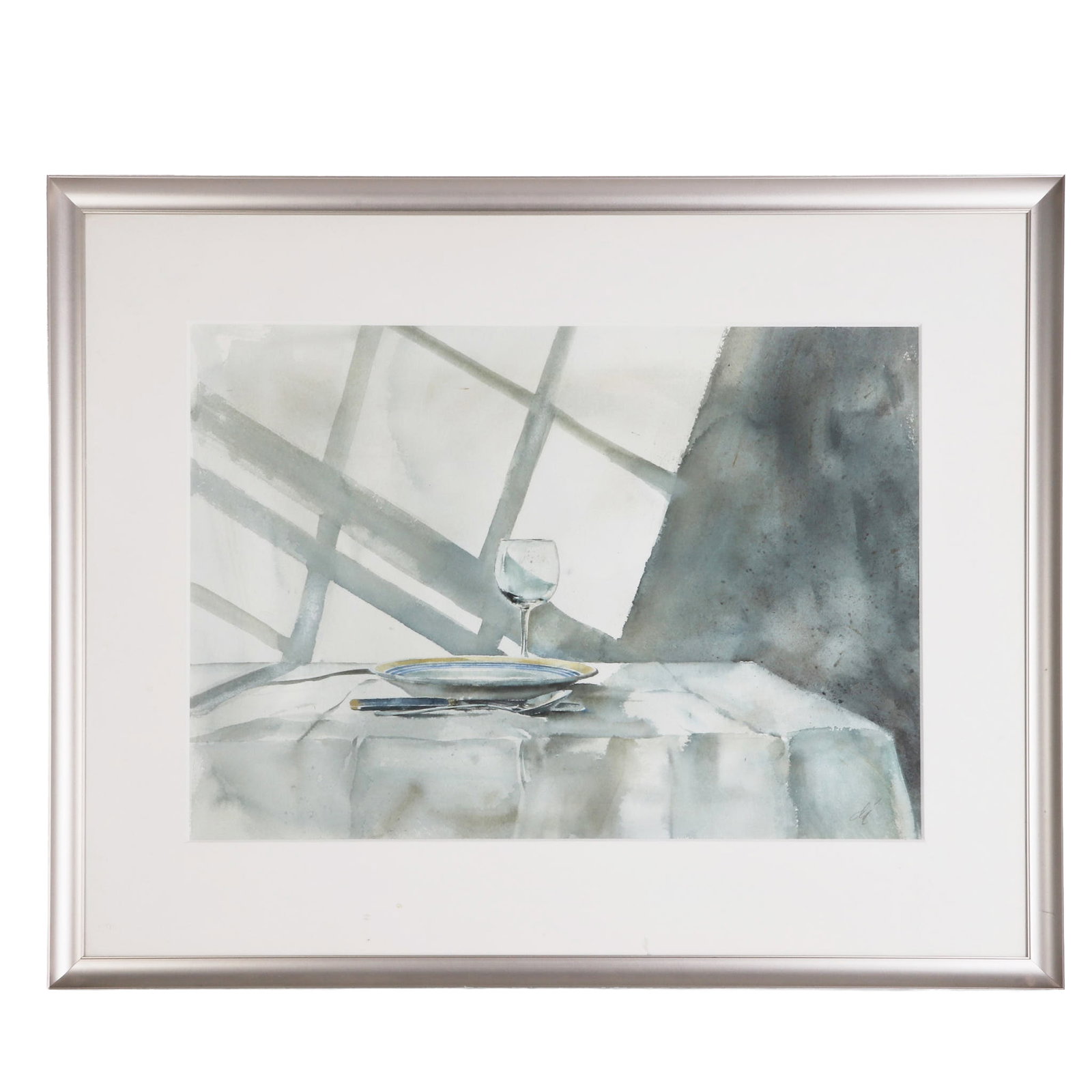 Don Almquist (American, 20th C) Still Life Watercolor: Don Almquist (American, 20th C) Still Life Watercolor Shadowy Brandywine School-style still-life painting of a place setting for one. Framed under glass. Signed in the lower right corner. 18" H x 25.5