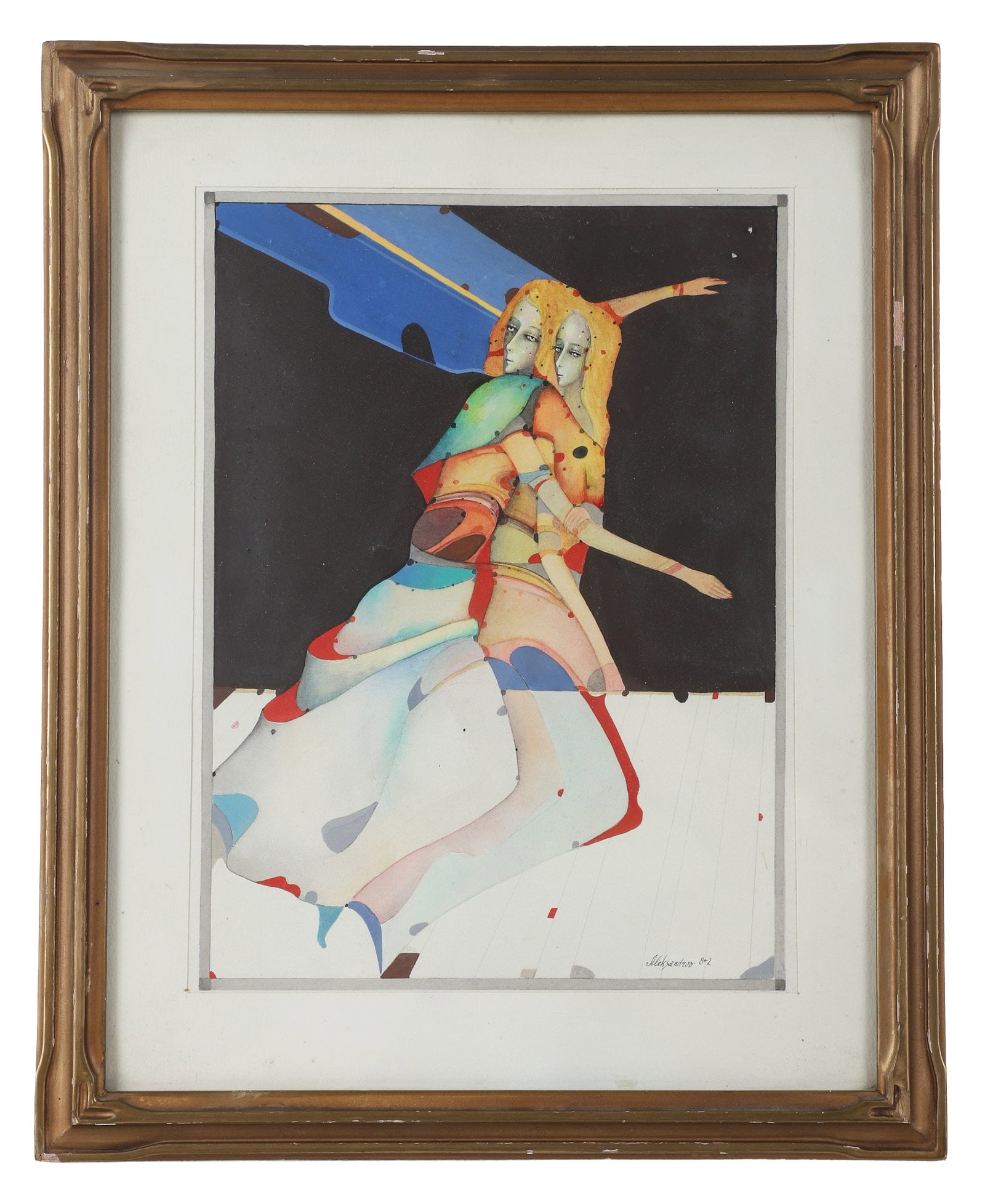 Mihail Aleksandrov, Lithuanian 20th C, Untitled (Gemini Twins), Watercolor: Mihail Aleksandrov Lithuanian, 20th C Untitled (Gemini Twins) Watercolor Framed under glass. Custom gilded carved wood frame. Signed lower right hand corner. Size: 11.5" H x 8 " W, sight, 15.5" H x 12