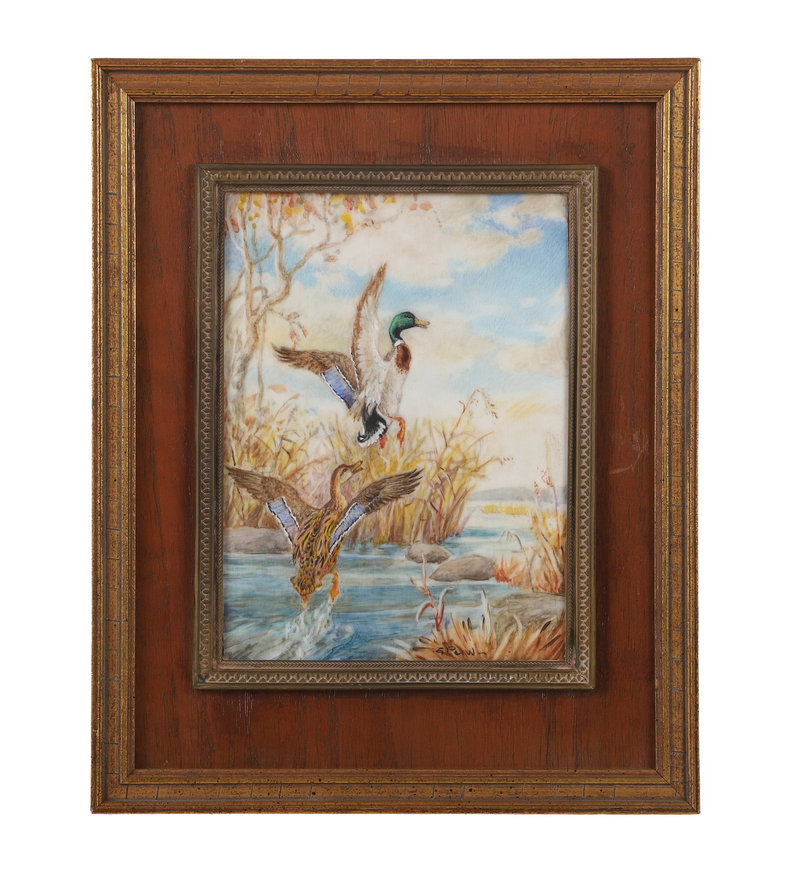 Attributed to Gertrude Pew (American, 1876-1949).: Attributed to Gertrude Pew (American, 1876-1949). Waterfowl aflight depicting male and female Mallards in a marshy landscape. Sight: 6" H x 4.5" W, Frame 9.5" H x 7.5" W.