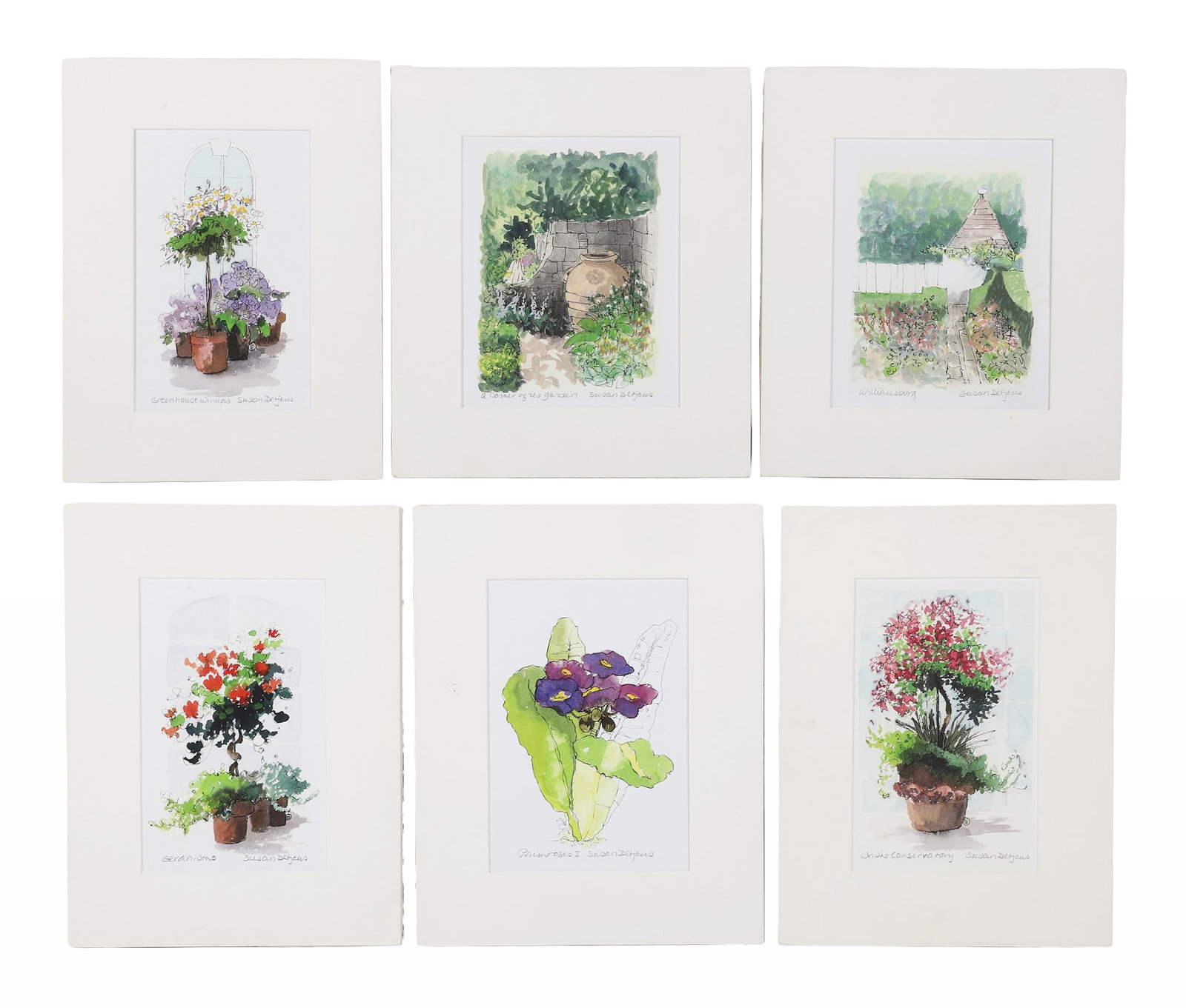 (6) Susan Detjens Botanical Prints Size: largest, 11" H x 8.5" W, sheet, 11.75" H x 10.25" W mat.: (6) Susan Detjens Botanical Prints Susan Detjens (American, 1941-2017) (6) pencil signed prints. Including titles: Greenhouse Window, Geraniums, In the Conservatory, Primroses I, Williamsburg, and A C