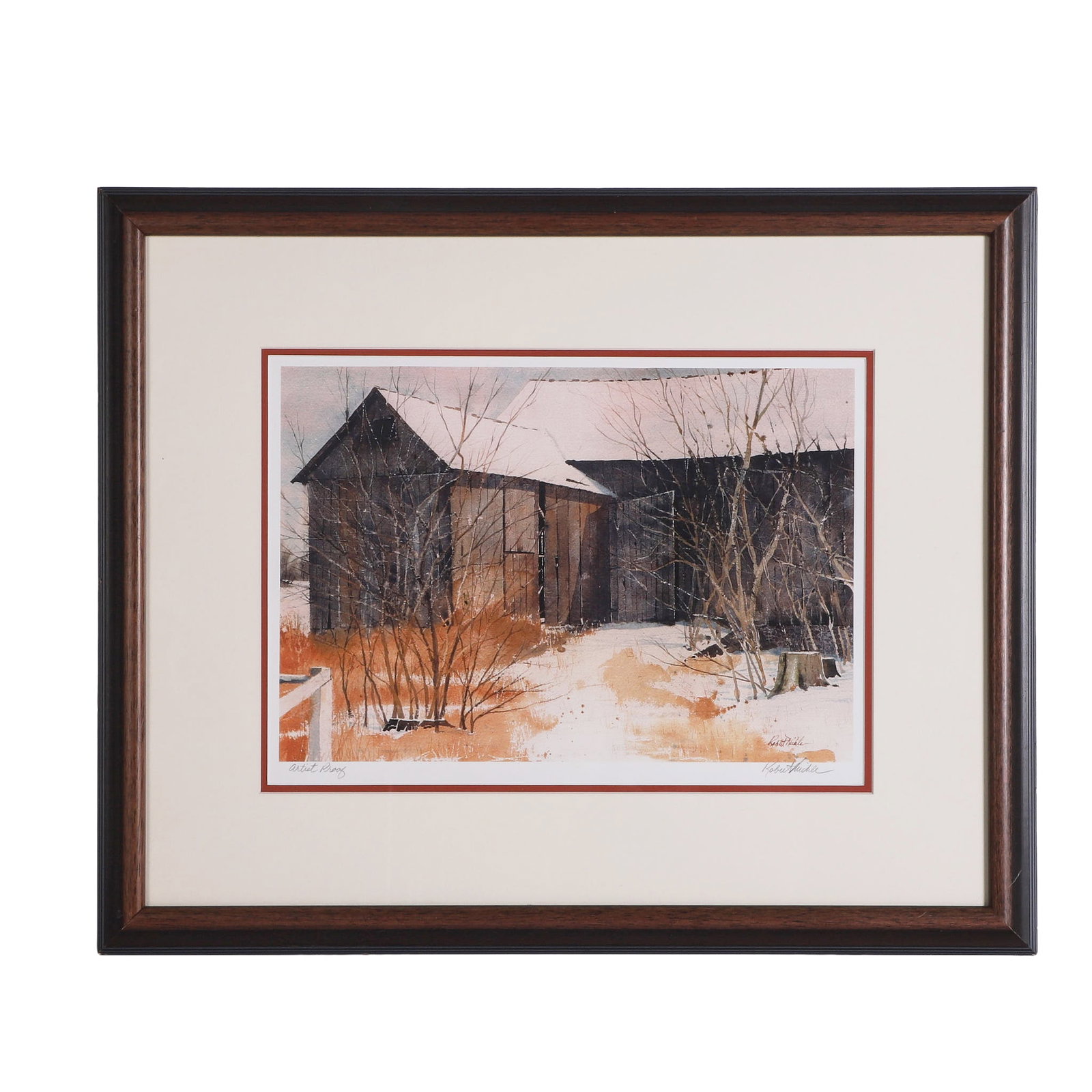 Robert Nickle Signed Lithograph, Barn in Winter: Robert Nickle Signed Lithograph, Barn in Winter Artist proof print of regionalist vignette. Most likely in the Brandywine Valley region. Framed under glass. Pencil-signed in the margin. 10" H x 14" W,