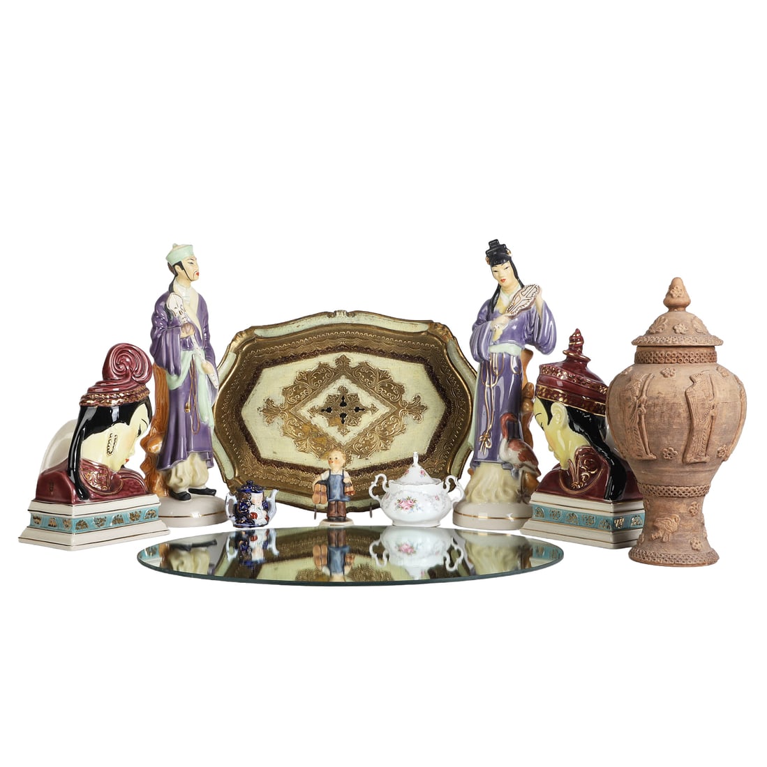 Generous (10) Pc Decoratives Lot: Generous (10) Pc Decoratives Lot Consisting of a Florentine tray, an oval mirror plateau, (4) mid-century Goldscheider style Asian inspired lamp bases, a replica Middle Eastern antiquity vase, a cobbl