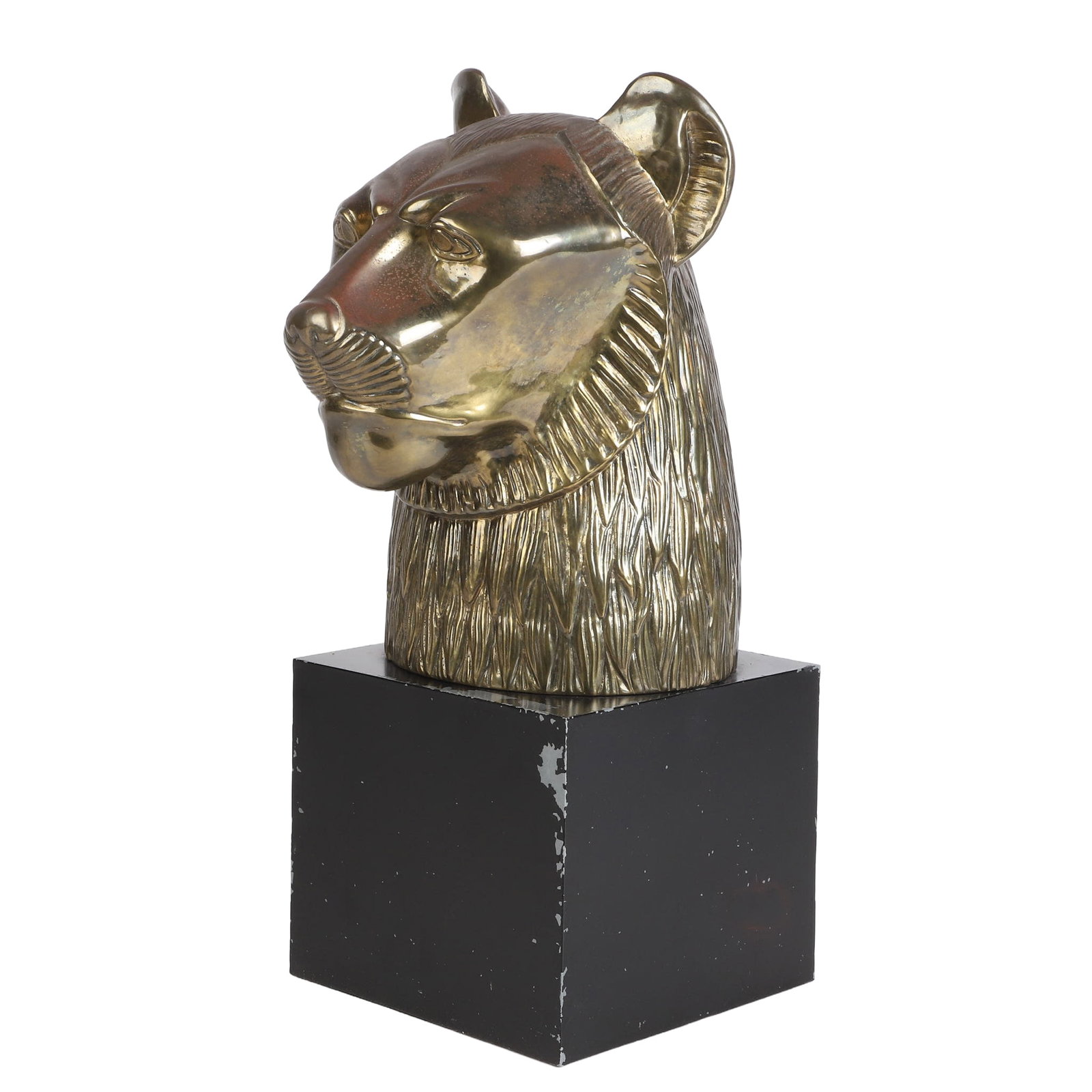 Postmodern Egyptian Revival Lion Portrait Bust: Postmodern Egyptian Revival Lion Portrait Bust Labeled Chapman, 1979, a stylized brass lion's head portrait bust on a metal pedestal base. 19" H on 8" x 8" base.