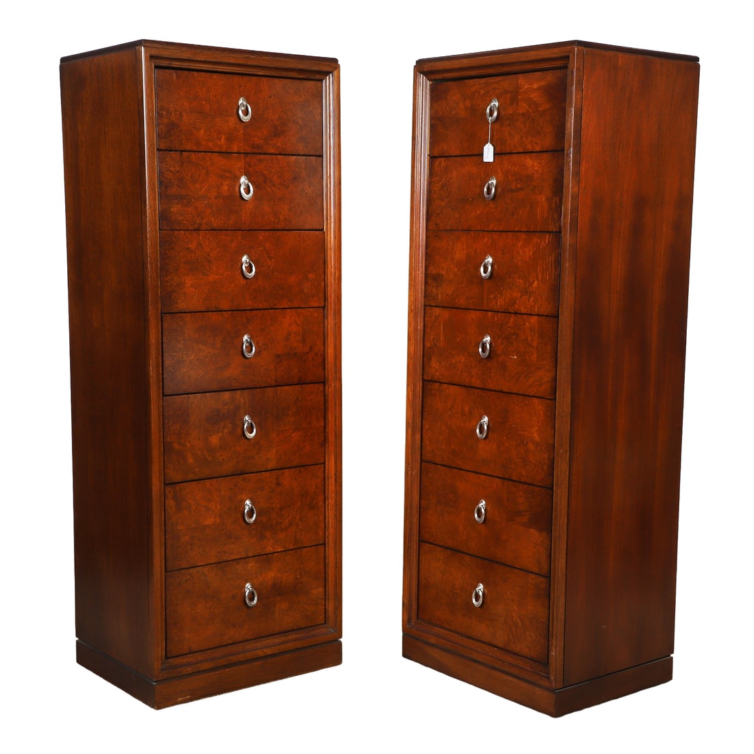 (2) Contemporary Thomasville Semanier Style Lingerie Chests: (2) Contemporary Thomasville Semanier Style Lingerie Chests From the Bogart collection, an interesting Art Deco inspired design of seven silver-tone drop-bail drawer pulls for a cubby over 5 drawers i