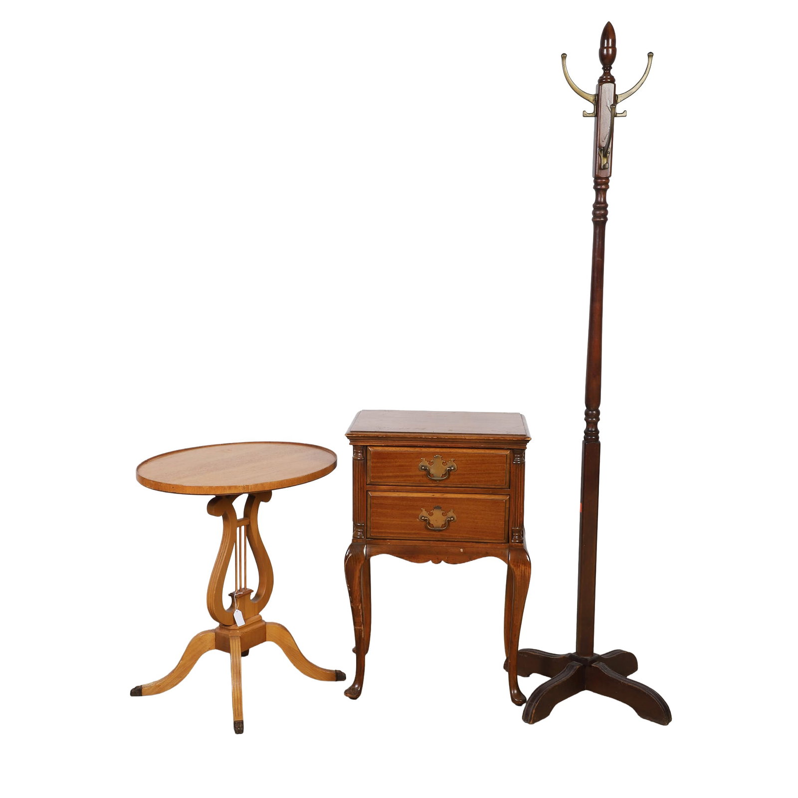 (3) Colonial Revival Accent Pieces: (3) Colonial Revival Accent Pieces Consisting of a Queen Anne style two-drawer stand, 29.5" H, a Duncan Fyfe style lyre table, 25.5' H, and an acorn finial coat stand, 69" H.