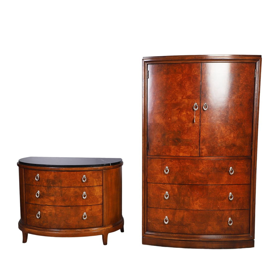 Thomasville Bogart Collection, Commode and Linen Press: Thomasville Bogart Collection, Commode and Linen Press An Art Deco inspired demilune marble-top commode, 29" H x 37.5" W x 19.5" D, with silver-tone drop-bail pulls, together with a matching linen pre