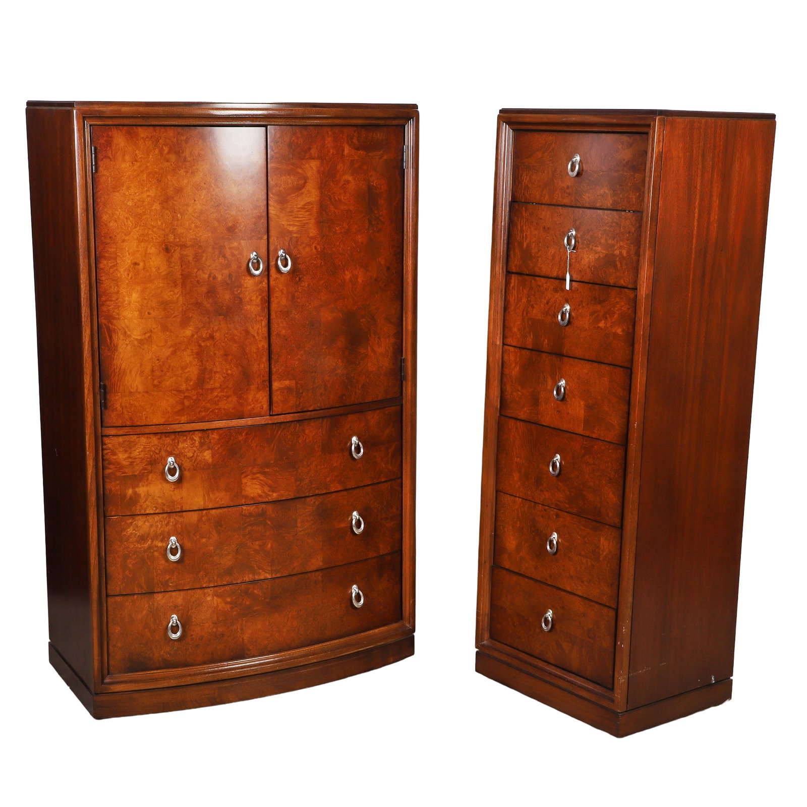 Thomasville Bogart Collection, Semanier Style Chest and Linen Press: Thomasville Bogart Collection, Semanier Style Chest and Linen Press An Art Deco inspired tall lingerie chest, 63.5" H x 22" W x 18" S, with a cubby over five drawers having seven drop bail pulls to lo