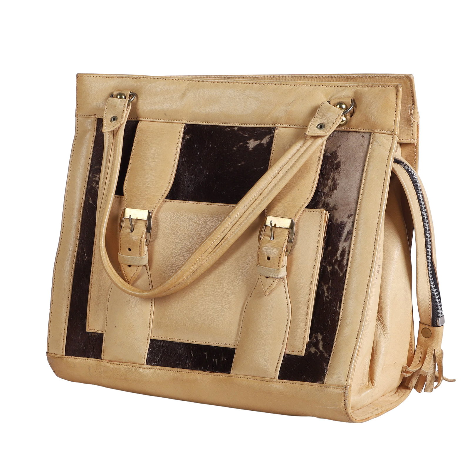 Flores Bags Cowhide & Leather Handbag: Flores Bags Cowhide & Leather Handbag Flores Bags handbag hair on hide cowhide panels with cream leather trim, wear consistent with age and use