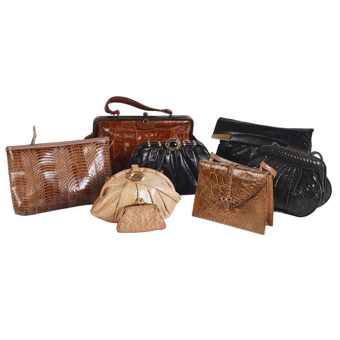 (7) Group Of Vintage Womens Purses to include Ashneil: (7) Group Of Vintage Womens Purses to include Ashneil Group Of Vintage Womens Purses to include Ashneil black evening bag, Bags by Supreme black clutch, Green reptile pattern shoulder bag, Chance enco