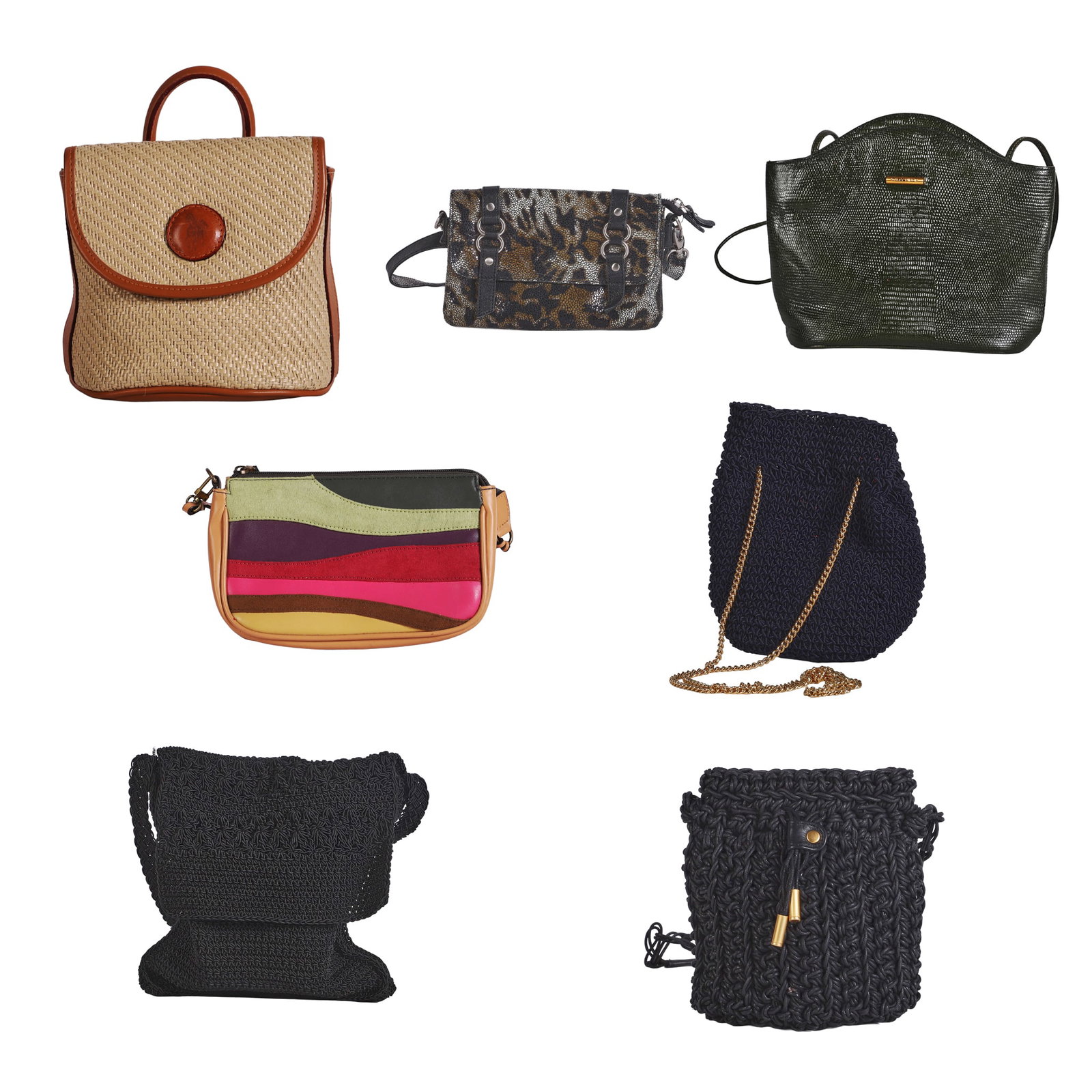 (7) Womens Purses To Include Albert Nipon: (7) Womens Purses To Include Albert Nipon Womens Purse grouping to include Green Albert Nipon shoulder bag, Chez by Cheryl Animal Print Purse, Black Crochet Made In Italy exclusively for Walborg purse