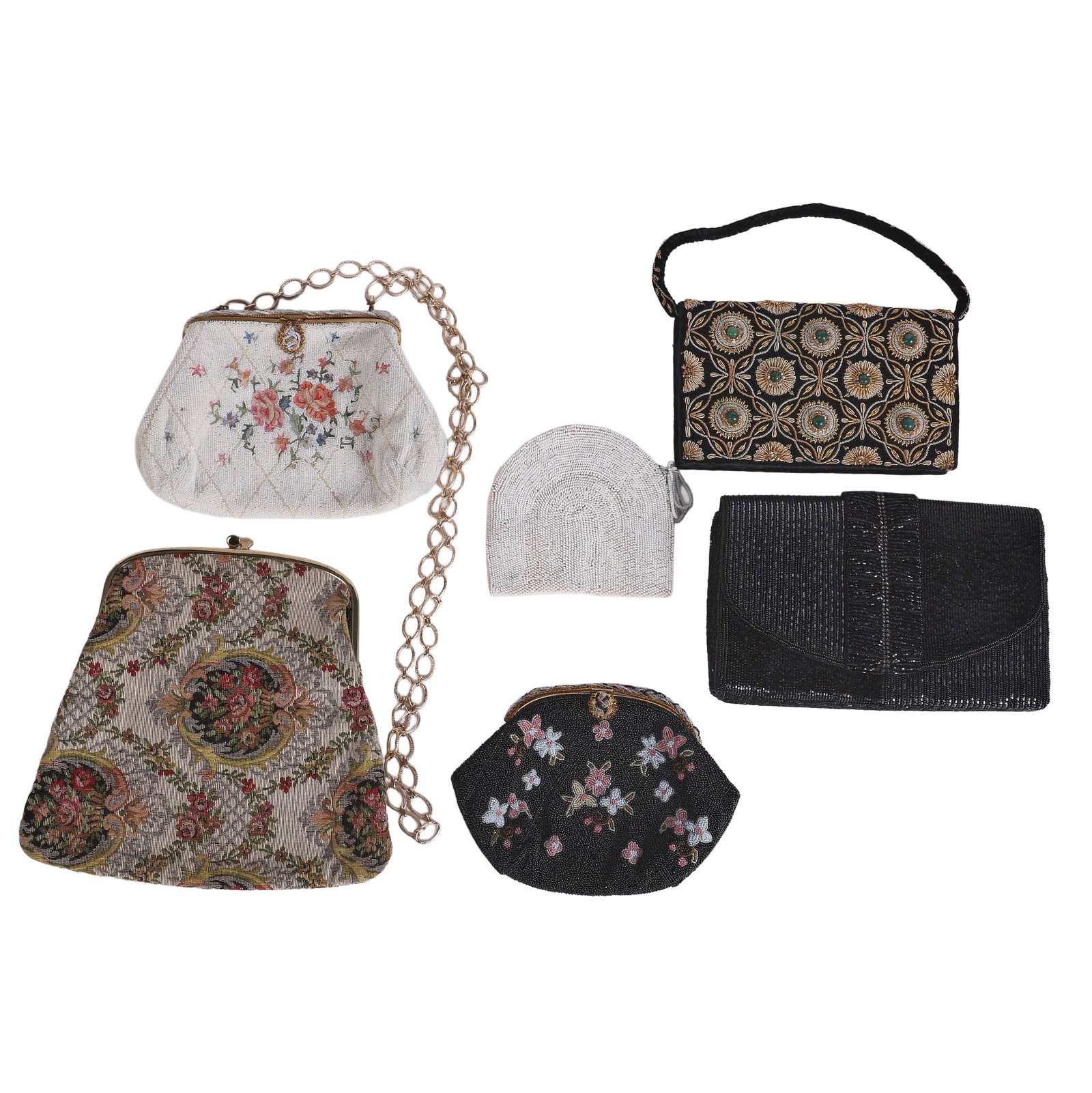 (6) Group Of Womens Beaded Purses To Include Jorelle Bags: (6) Group Of Womens Beaded Purses To Include Jorelle Bags (6) Group Of Womens Beaded Purses To Include Vintage Floral Beaded bag by Jorelle Bags has tag, Black Floral Beaded bag with mirror by Jorelle