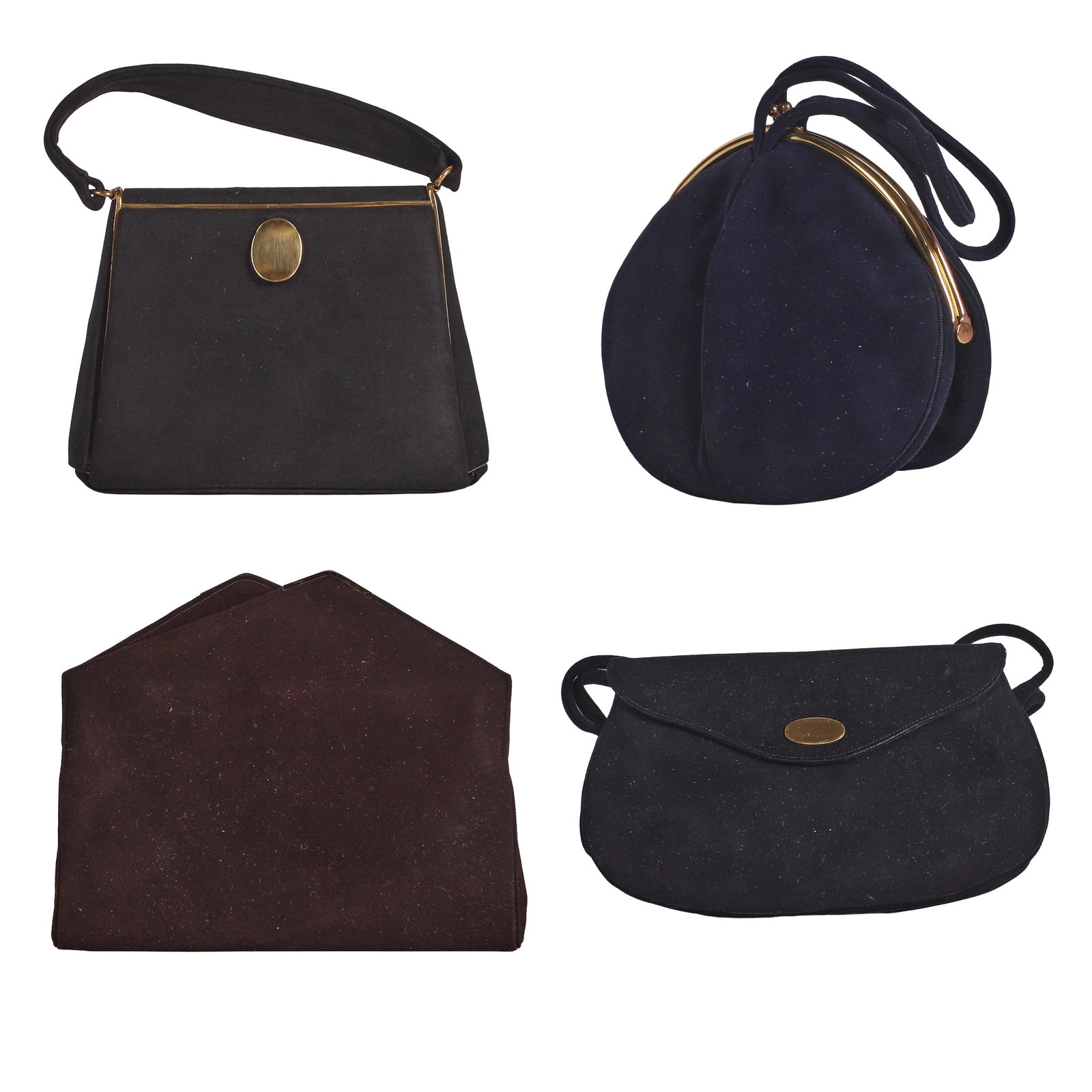 (4) Vintage Handbags Including Gimbel Brothers: (4) Vintage Handbags Including Gimbel Brothers Group of (4) vintage handbags to include a George Morris brown suede handbag, a black shell form purse with gilt tone frame labeled By Alan, FULCO Prov R