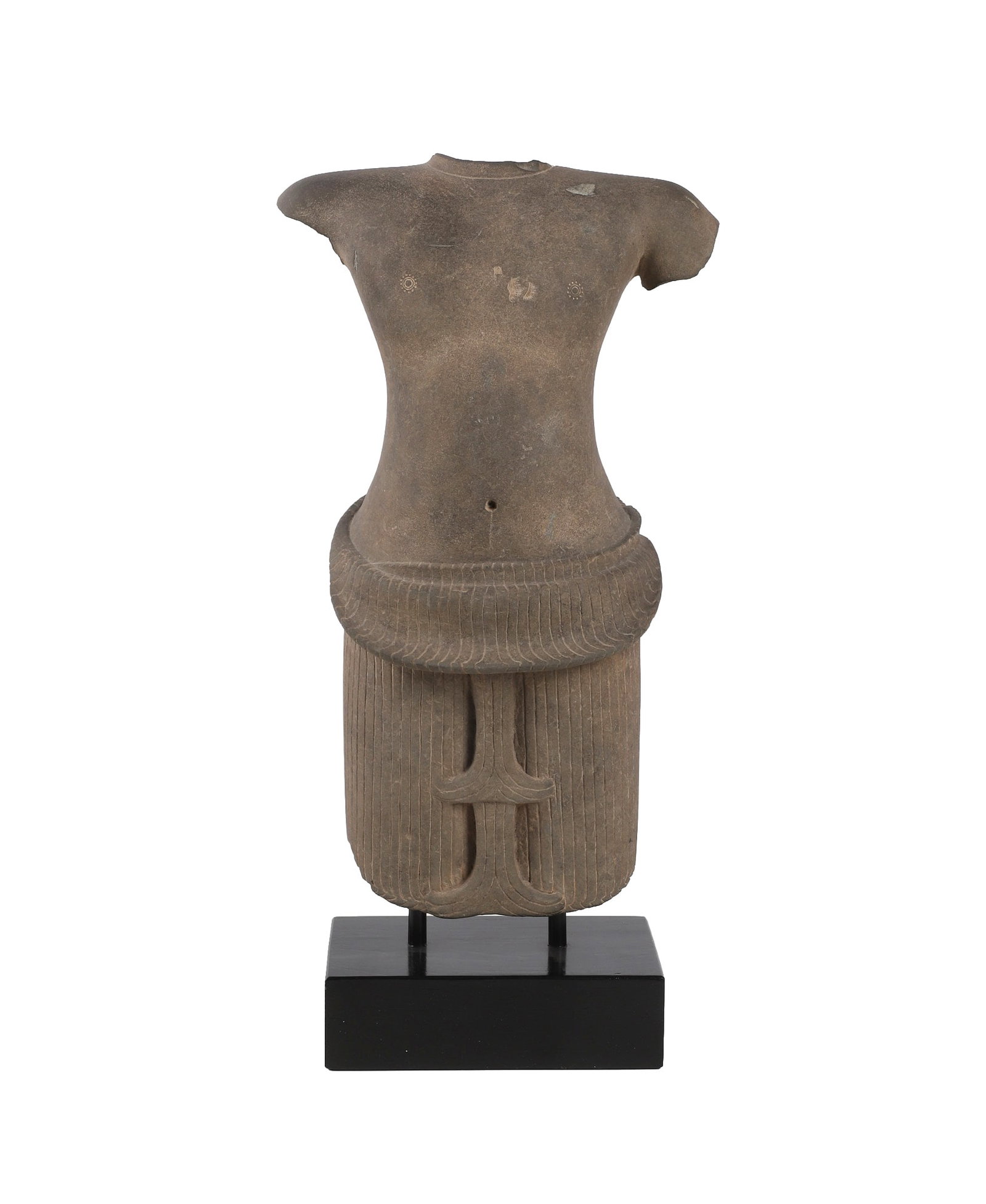 Thai Carved Sandstone Khmer Torso: Carved torso of an Angkor Wat style male deity figure in a finely carved sampot chong kben wrap. Mounted on a stand. Age unknown, likely 20th C. 23" overall height. Figure: 19" H x 11" W x 6" D