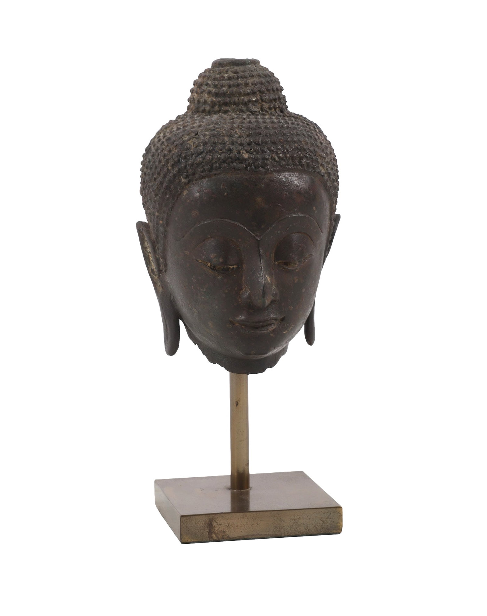 Patinated Cast Bronze Sukhothai Buddha Head: A 19th/20th C lost-wax casting featuring a meditative visage with elongated ears and a braided top knot without its ushnisha. 9" high overall on a 3.25" x 3.25' brass base.
