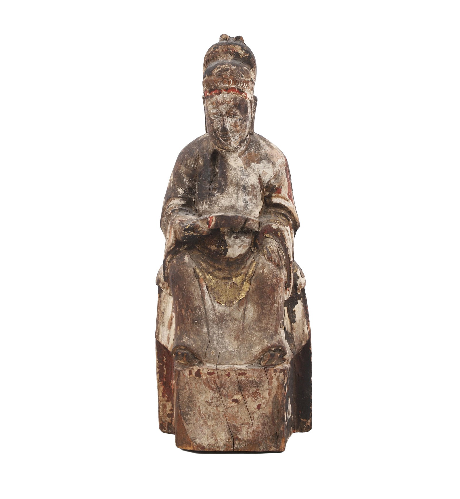 Antique Chinese Carved Wood Altar Figure: A temple altar attendant or deity with remnants of paint and gilding on the surface. Centuries old. 11.75" H x 4.75" W x 3.5' D.