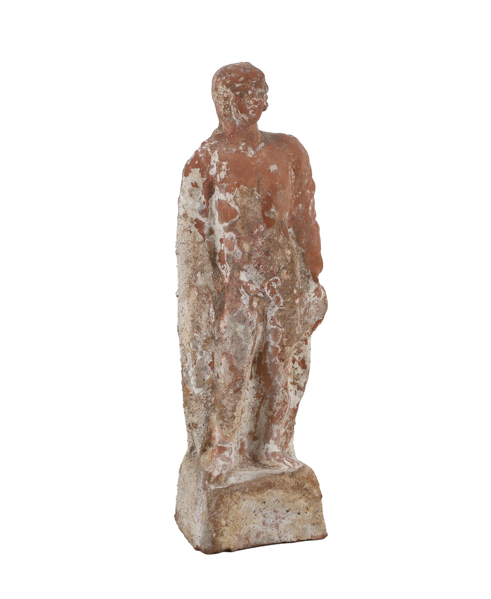 Mediterranean Terracotta Statuette: Historic Mediterranean terracotta Hellenistic figural statuette of a man in Greek/Phoenician style. Hollow form, 6 3/4"H