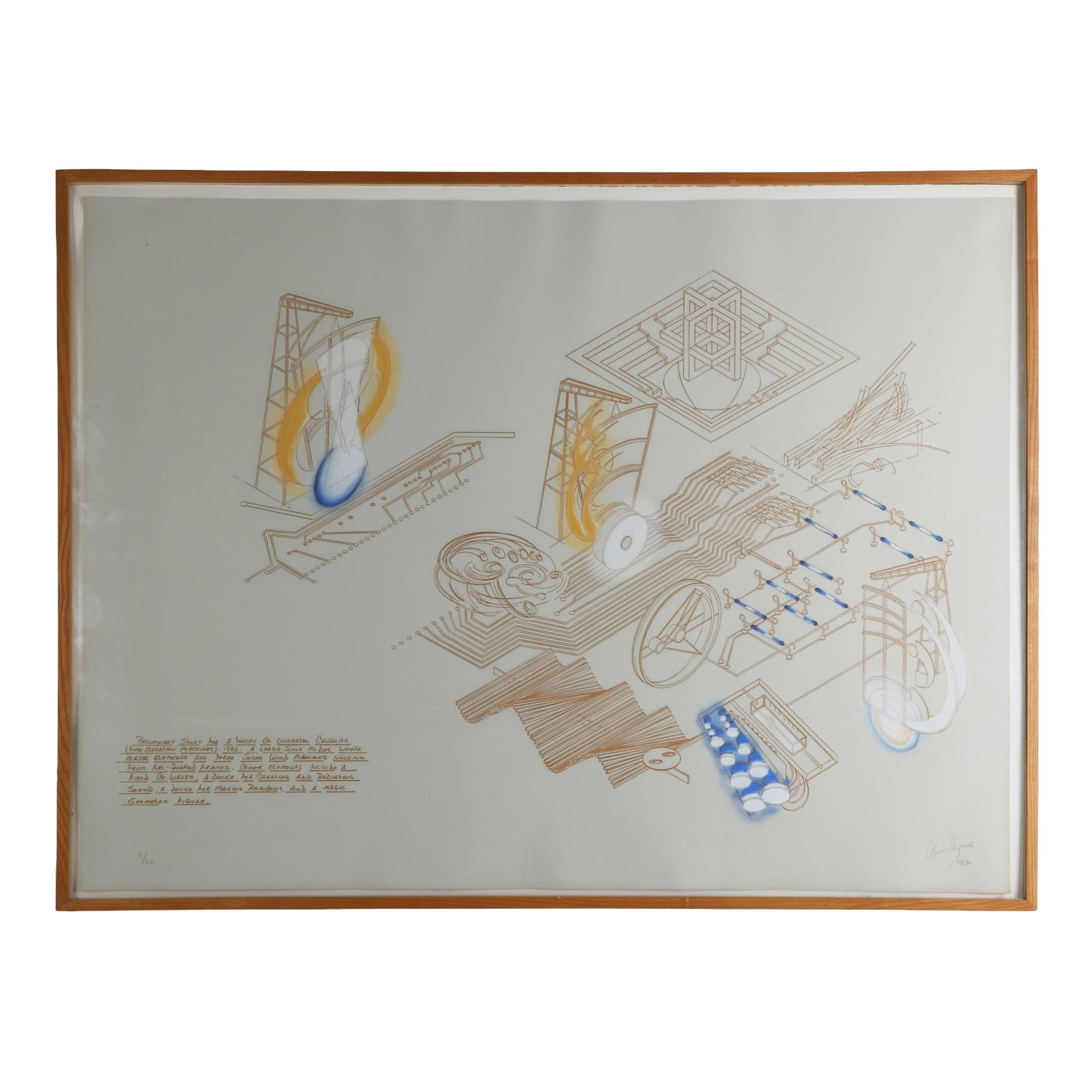 Alice Aycock (Pennsylvania, b. 1946) Mixed Media Lithograph: 1982 limited edition "Preliminary Study for a Theory of Universal Causality (Time Creation Machines)..." Lithograph embellished with pastel accents in a highly imaginative industrial design mock-up. S