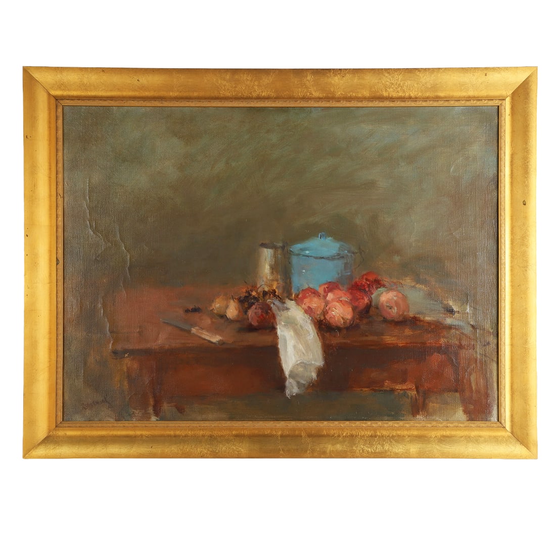 Seymour Remenick (American, 20th C), Still Life with Blue Pot: Post-impressionist still life composition with fruits, utensils, and textiles on a rustic table. Oil on linen. Giltwood frame. Signed in the lower left corner. Bearing auction labels and a title block