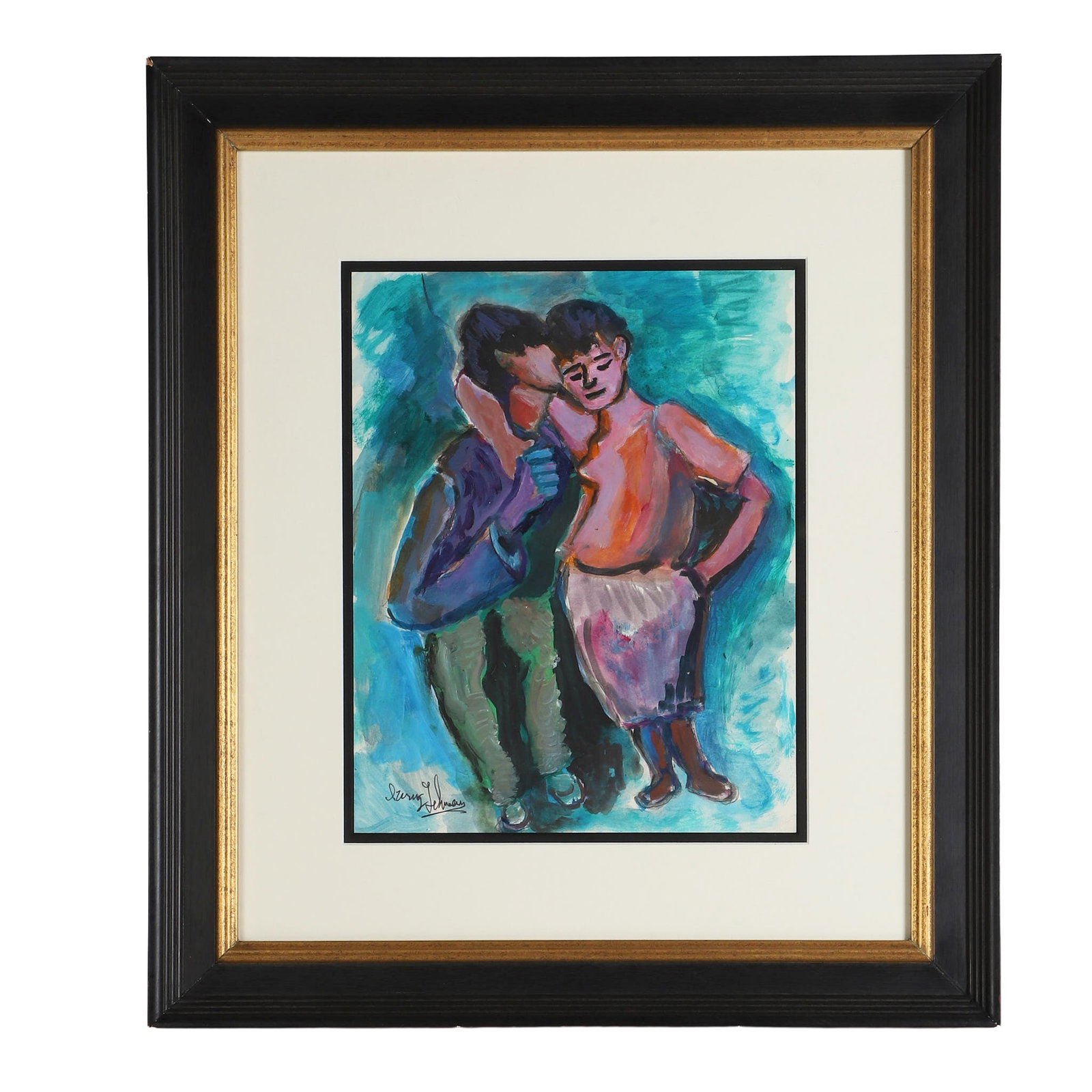 Irving George Lehman (Russian-American, 20th C) WPA Artist: A loving gouache on paper composition of a couple in an embrace. Framed under glass. Signed in the lower left corner. 13.75" H x 10.75" W, mat, 23.25" H x 20.25" W frame.