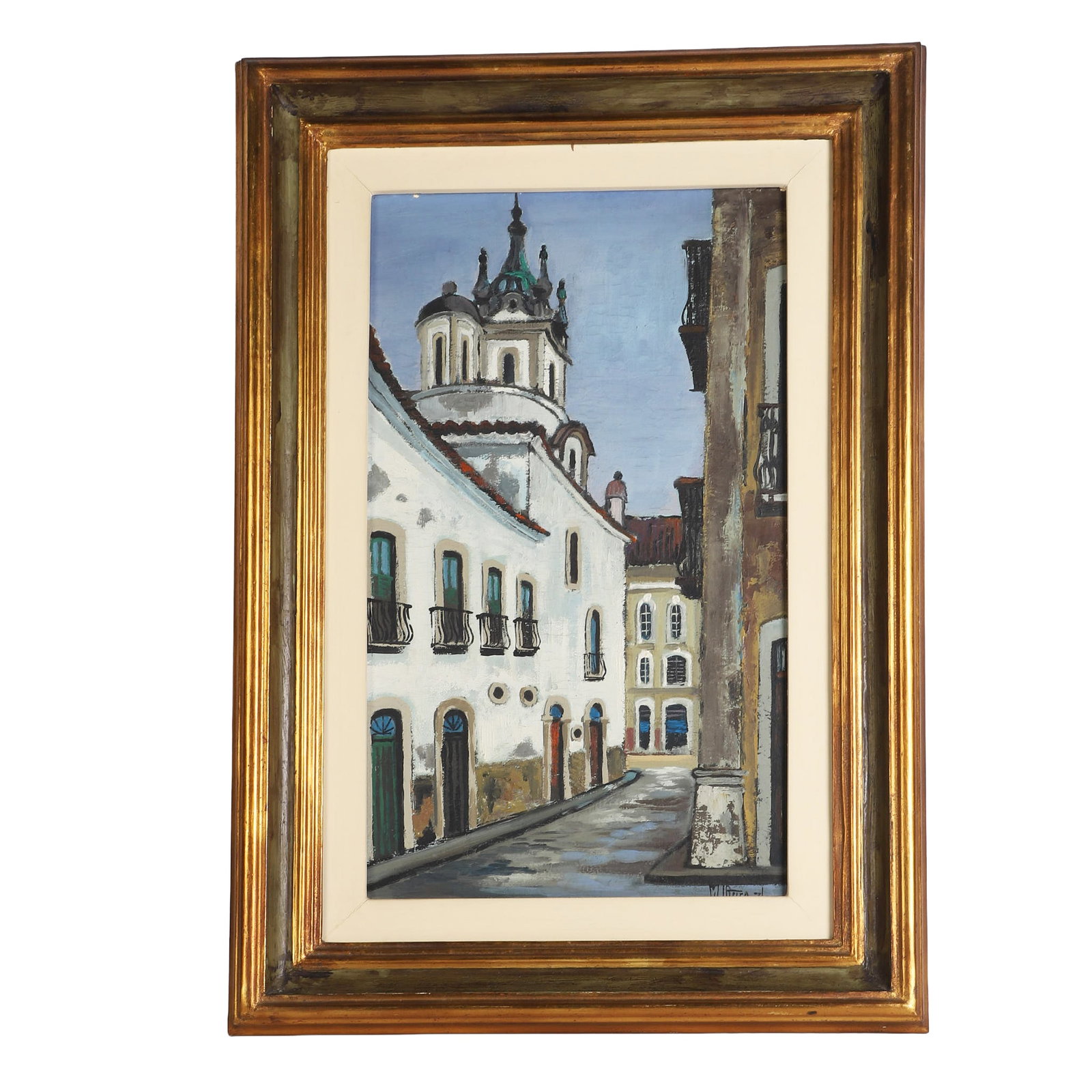Vintage 1976 Brazilian Street Scene Painting: Plein-air painting on board capturing the view of old-town Portuguese architecture. Signed illegibly in the lower right corner and dated 1976. 21" H x 12.5" W sight, 29" H x 20.5" W frame.