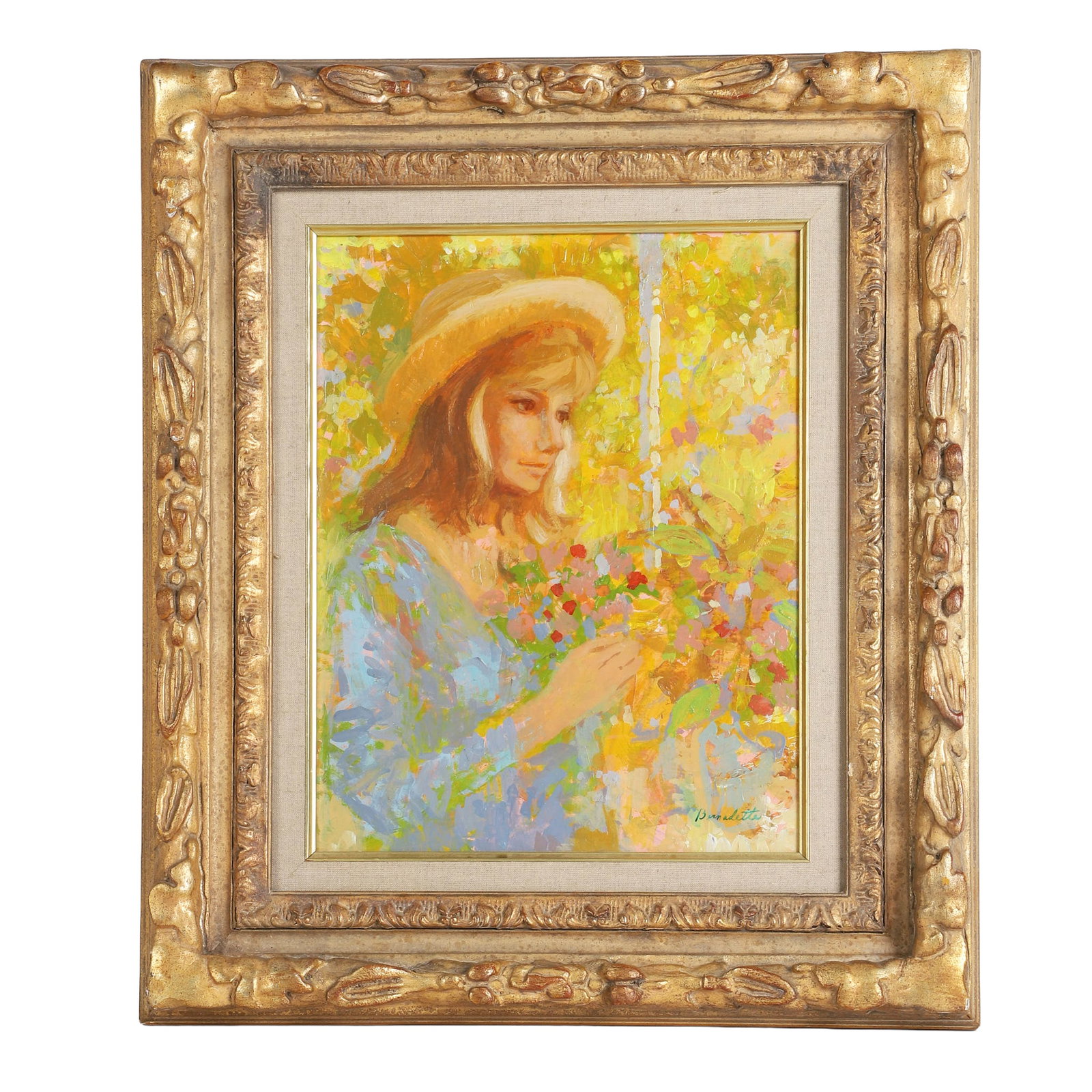 Bernadette Hughes (American, 20th C) Impressionist Painting: A vibrant portrait of a woman among sunny blooms. Signed in the lower right corner. Oil on board in a carved wood frame. 13.5" H x 10.5" W, sight, 21" H x 18" W frame.