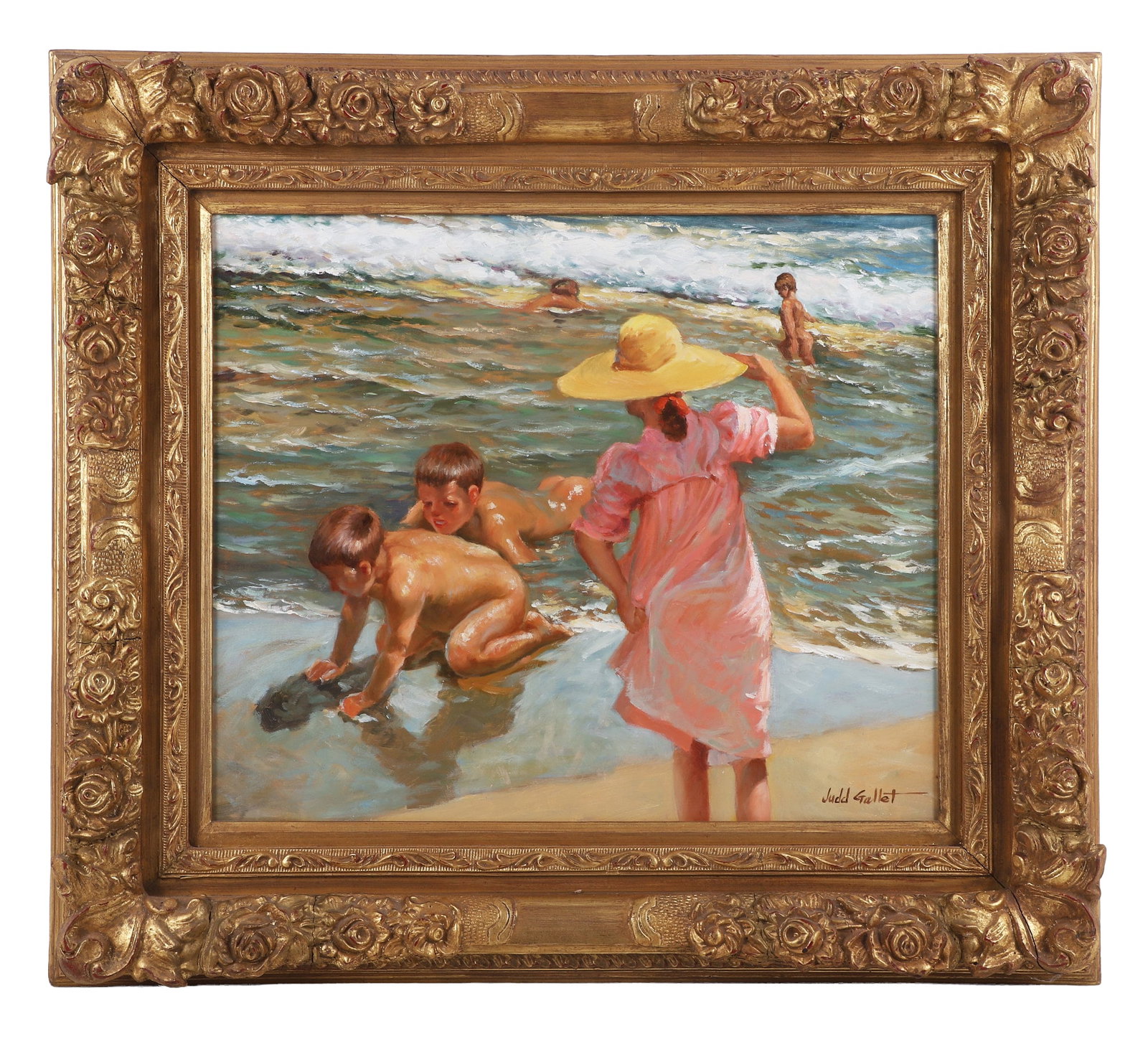 Judd Gallet (American, 20th C) Beach Painting: Children are playing on the beach in the waves. A sunny composition painted on canvas and set in a heavy, carved, and gilded wood frame. Signed in the lower right corner. 19.5" H x 23.5" W sight, 30"