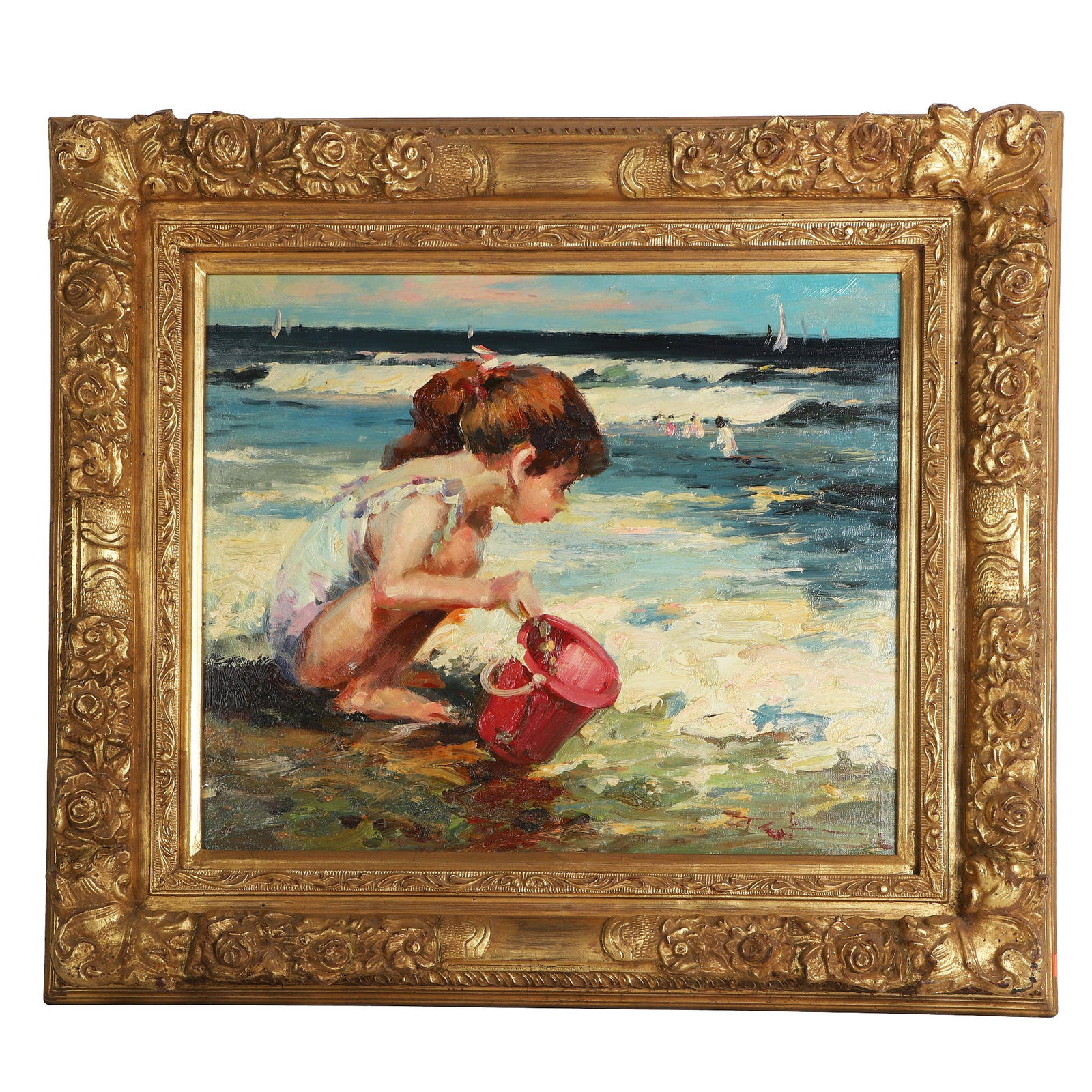 Beach Portrait of a Young Girl, 20th C.: A vibrant, heavy impasto composition on canvas capturing the joy of a young girl with her pail at the beach. People playing in the waves in the background. Signed indistinctly in lower right corner.