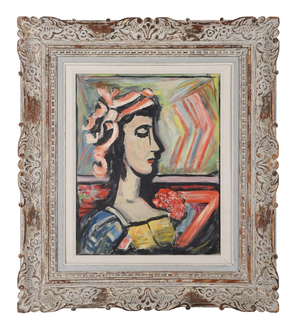 Attributed to Georges Rouault, Portrait Painting: A dynamic profile portrait of a woman with ribbons in her hair. Oil on canvas—no apparent signature. Technique, age of the canvas, and the quality of the splined framing point to an attribution to