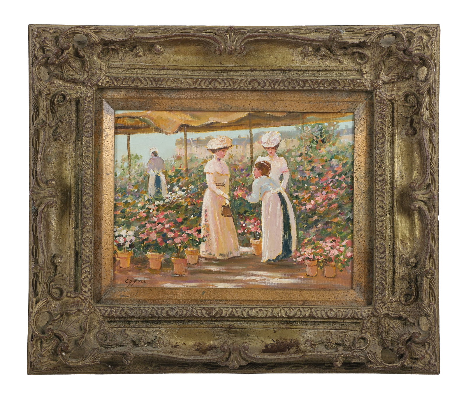 EJ Cygne (French, b.1929), Impressionist Painting: Painted by Jose Fernandez under the nom de plume EJ Cygne, and titled "Marchand de Fleurs." A flower market vignette is framed in a heavily carved wooden frame. Oil on canvas, signed in the lower
