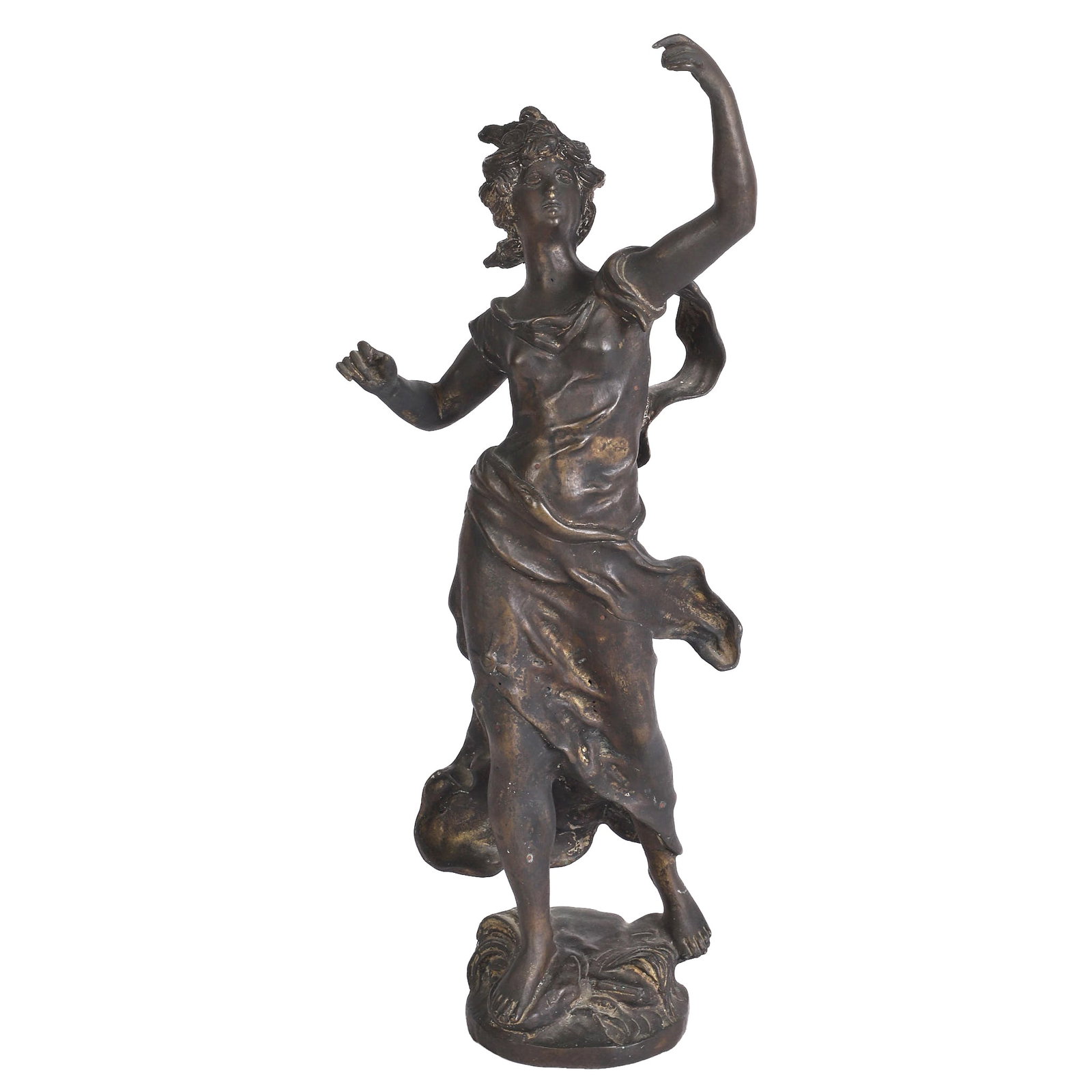 Art Nouveau Figural Bronze Sculpture: French style Art Nouveau patinated bronze sculpture of a woman in a billowing dress with raised arms, likely one of the Muses. Artist signature at the back of base illegible. 20 3/4"H x 9 1/2"W