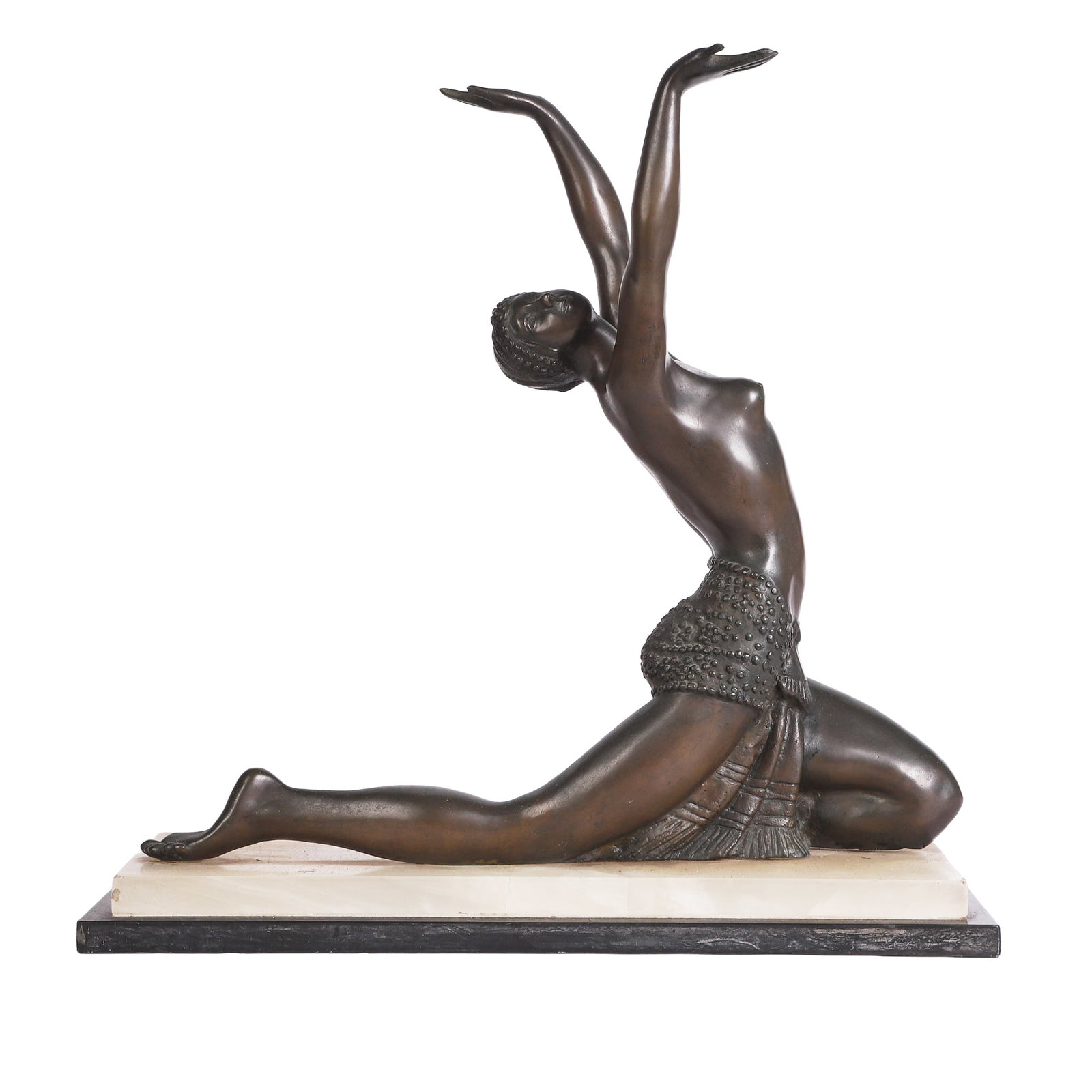 Bronze Sculpture of Odalisque Dancer: Figural bronze sculpture of an odalisque with arms outstretched to the sky. 19 1/2"H x 19 3/4"W x 7 1/2"D. No makers mark/signature, rests on two-tone layered stone base