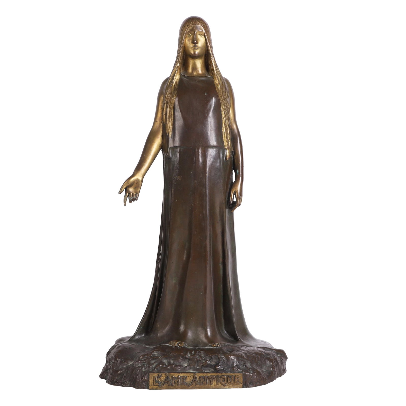 After Gregoire Calvet, 'The Soul of Antiquity': Patinated metal sculpture after French artist Gregoire Calvet's (1871-1928) 'The Soul of Antiquity' depicting a mysterious female figure. Plaque on front reads 'L'ame Antiques', 'Louchet Ciseleur'