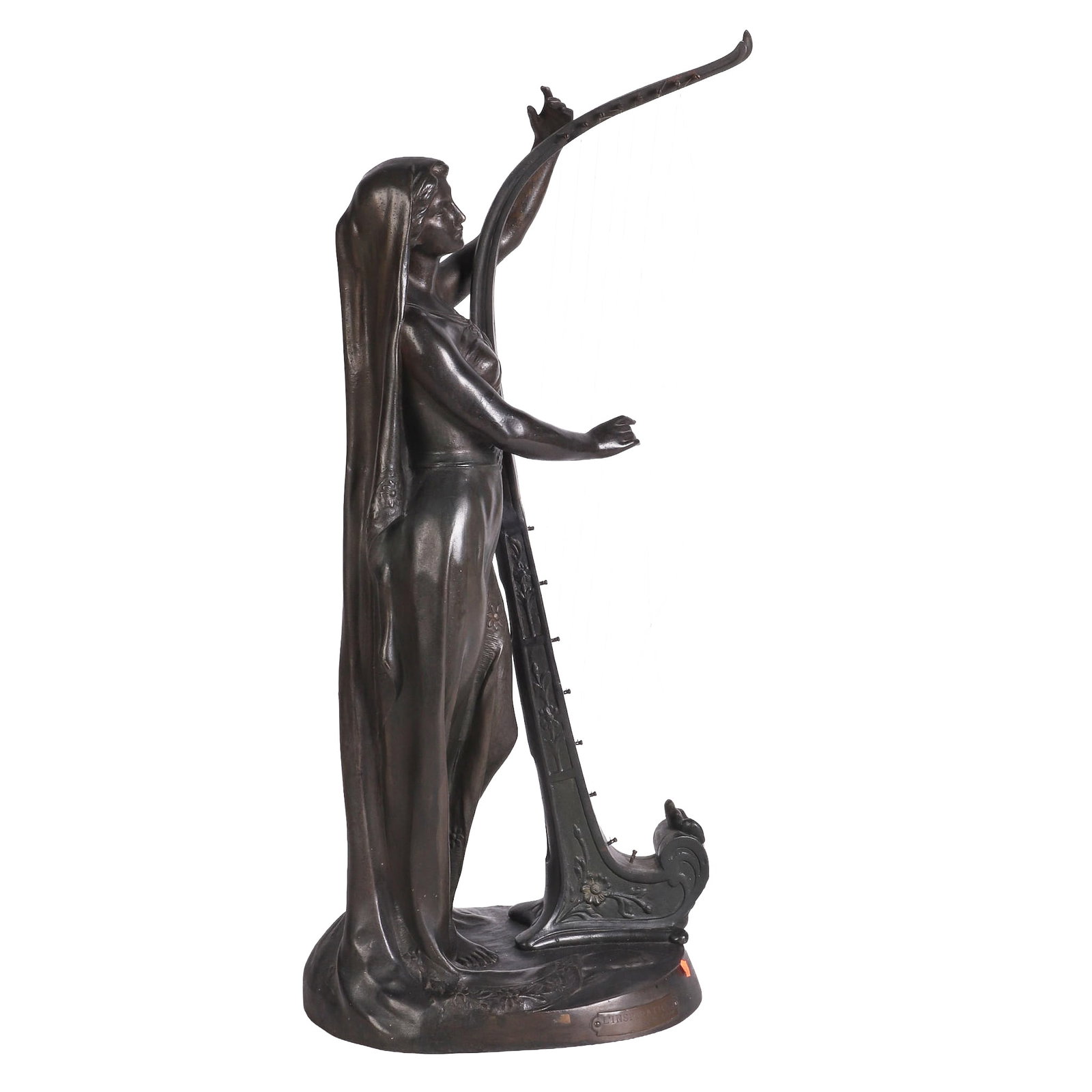 Theophile Somme 'Inspiration' Figural Sculpture: Figural metal sculpture of a woman playing the harp titled 'Inspiration' by French artist Theophile Somme (1871-1952). Plaque at base with artist signature, some strings broken, 30 1/4"H x 13 1/4"L x