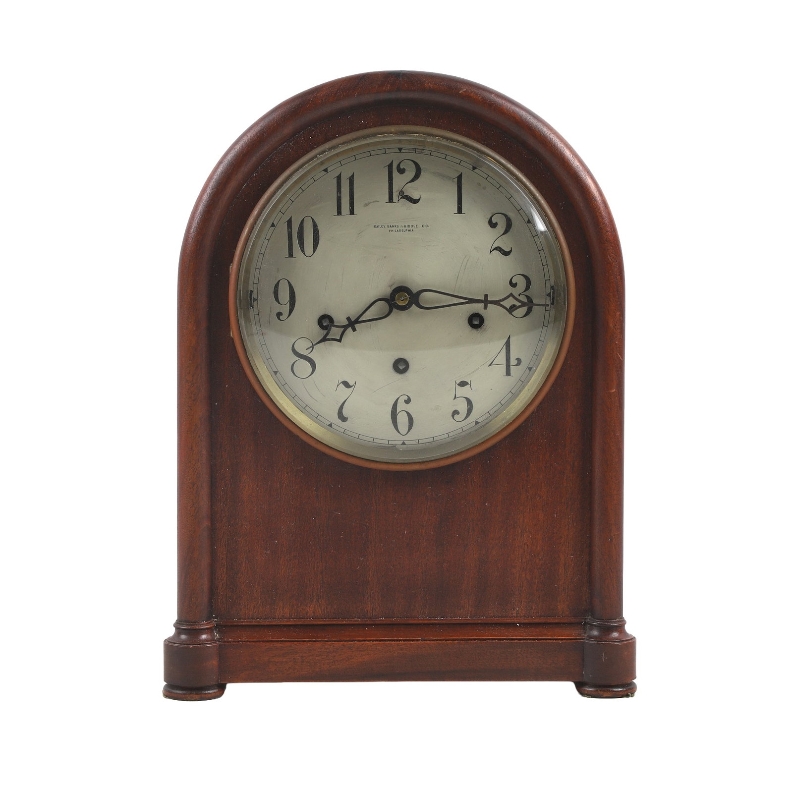 Bailey Banks & Biddle Mantel Clock: Bailey, Banks & Biddle mahogany beehive mantel clock with convex glass cover and plaque denoting the piece as a gift from Girard Trust Company, dated 1914. Functions well, 15"H x 11 1/2"W x 7 1/2"D