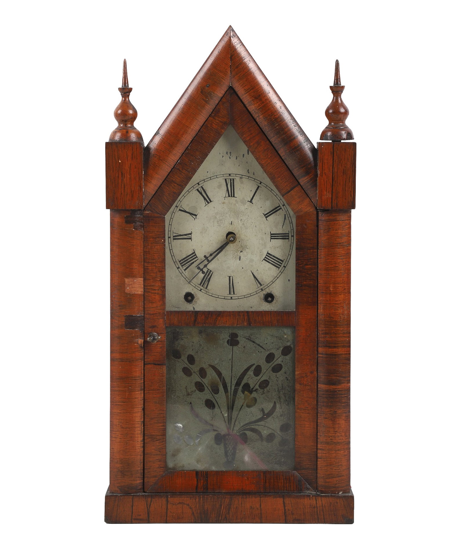 New Haven Brass Spring Steeple Clock: New Haven brass spring steeple shelf clock, frosted floral window decoration, functioning condition. Some minor chips to exterior, 20"H x 10"W x 4 1/4"D