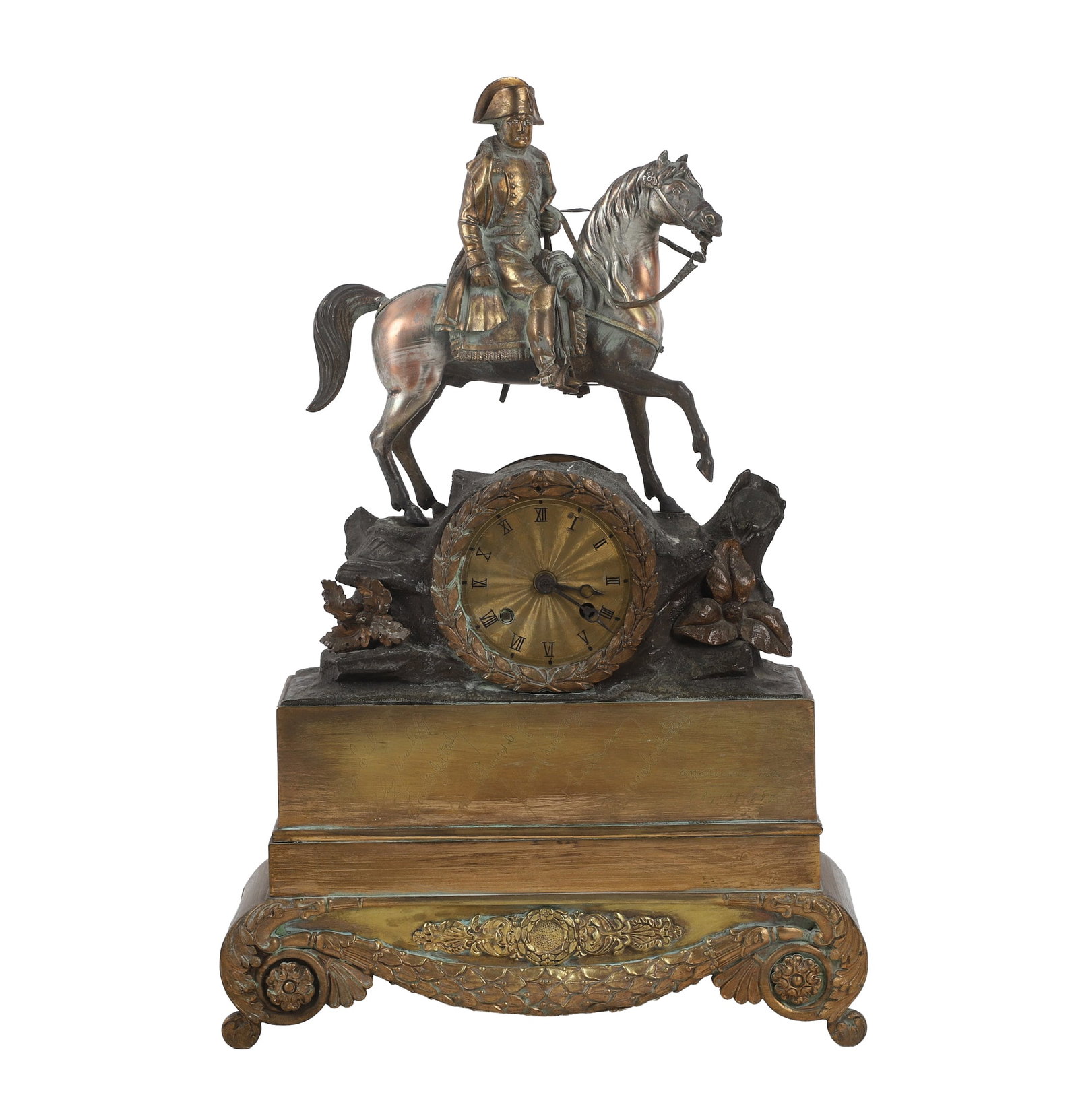 19th C. Napoleon Mantle Clock: Regal 19th C. mantle clock featuring a bronze rendition of Emperor Napoleon on horseback atop sculpted natural elements. Roman numeral face clock circled in wreath design, Napoleon himself is not a