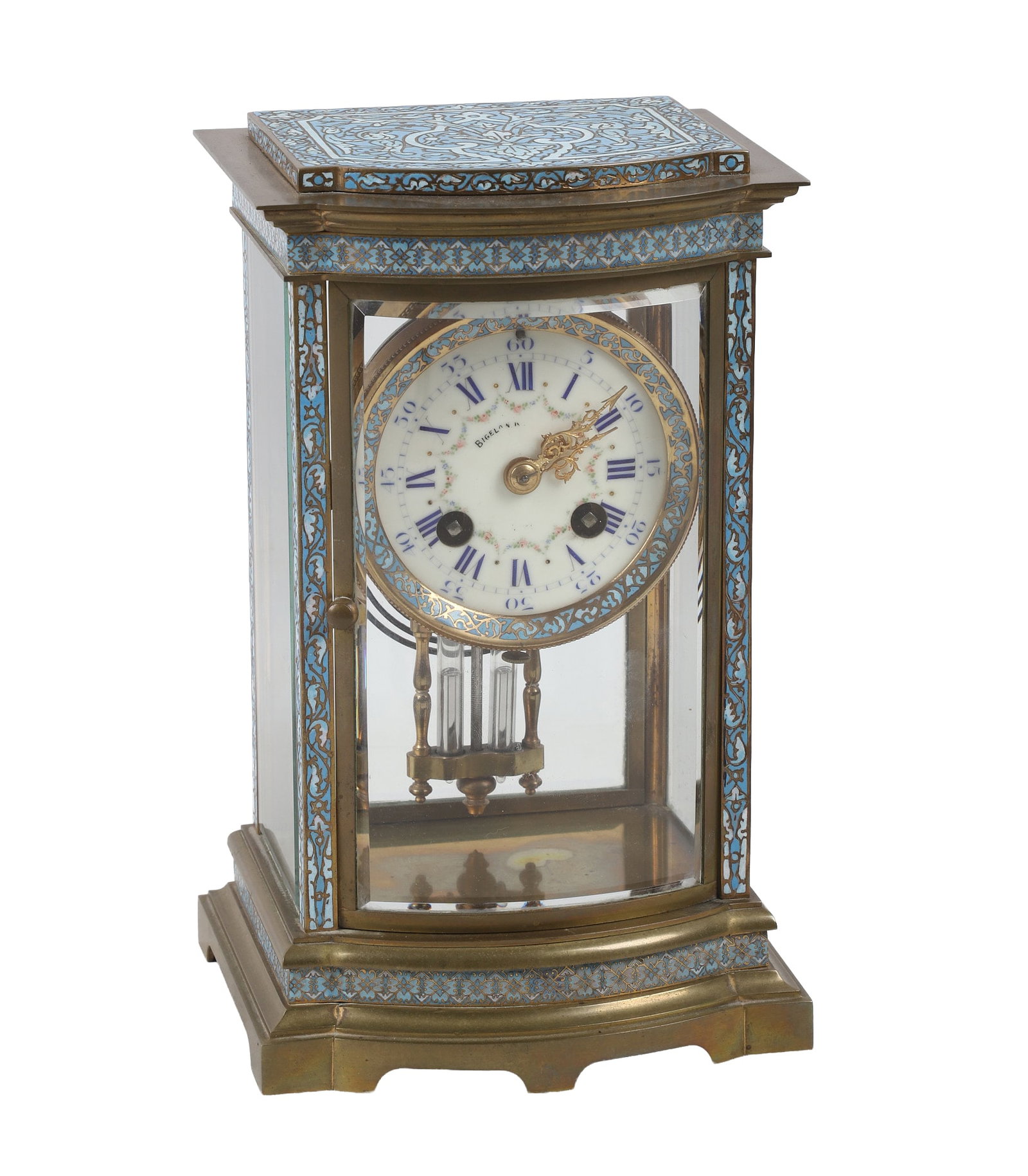 Bigelow & Kennard Champlevé Enamel Regulator Clock: Bigelow & Kennard colorful champlevé enamel regulator clock with cut glass siding, blue Roman numeral face, and original French movement. Functions well.