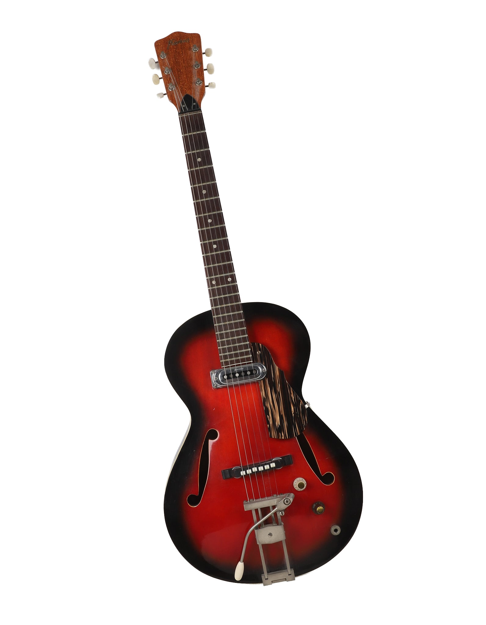Vintage Framus Jazz Guitar: Vintage German Framus model 5/51 E studio jazz guitar, two control knobs and whammy bar on rich red & black body. Serial #33754, comes with case. Guitar 39 1/2"L x 13 1/2"W, case 41 1/4"L x 14 1/2"W
