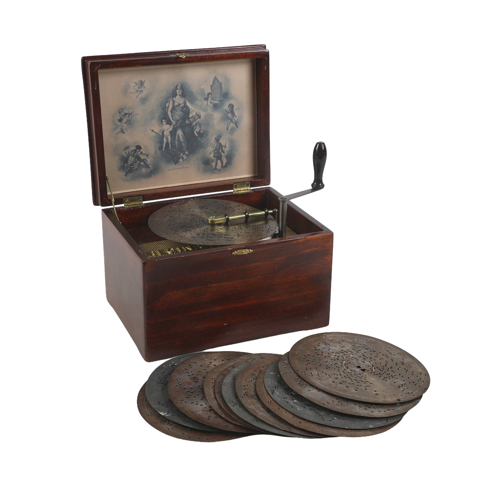 Antique Regina 8 3/8" Disc Music Box With 12 Discs: 20th C. Regina 8 3/8" music box, housed in a mahogany case with molded top, interior lid features a musical scene depicting a female figure surrounded by putti with musical instruments along with 12