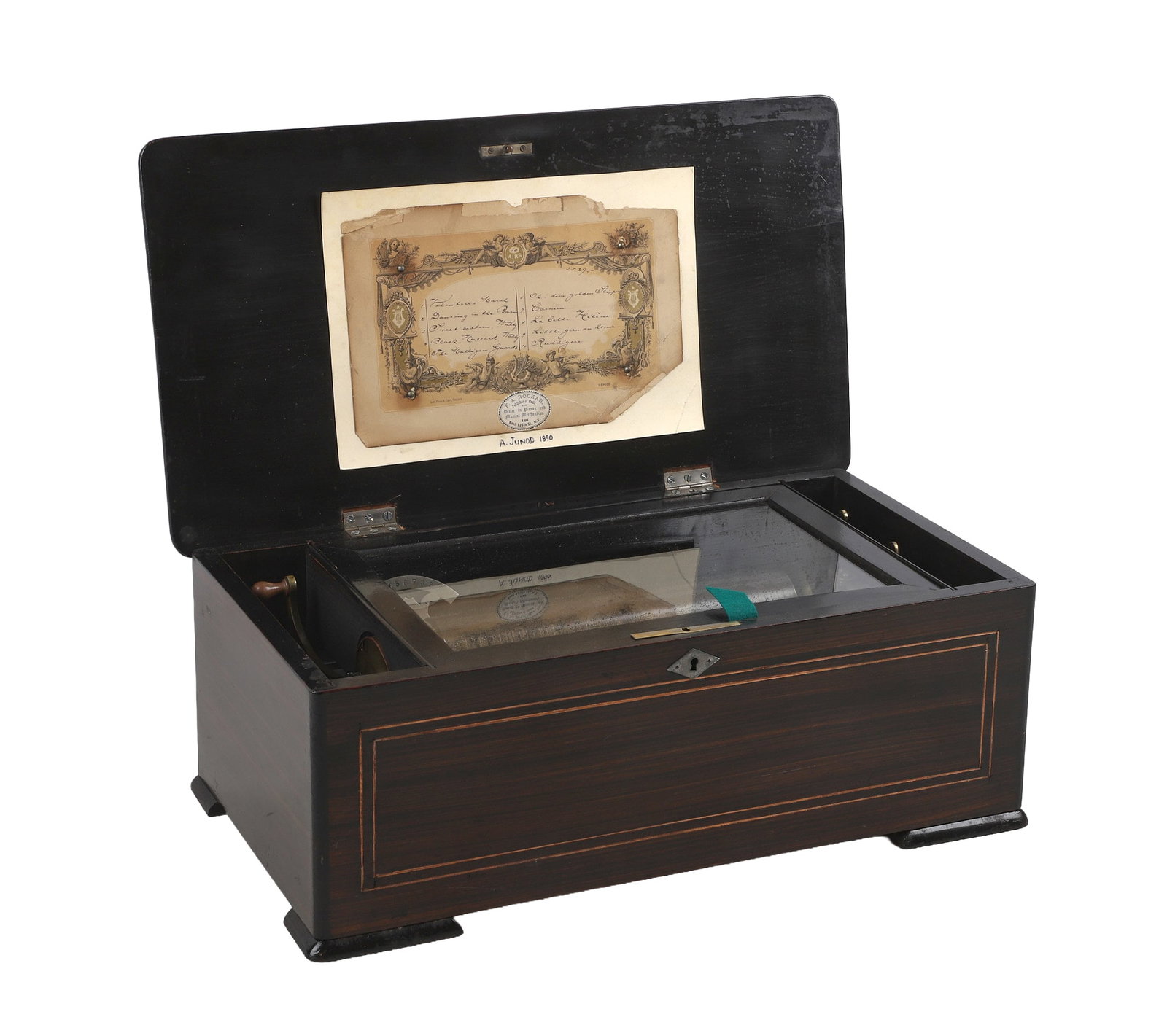 A. Junod 1890 Swiss Cylinder Music Box 10 Airs: 19th C. A. Junod Swiss Cylinder Music Box 10 Airs, 6 3/4" t x 19" x 10"d