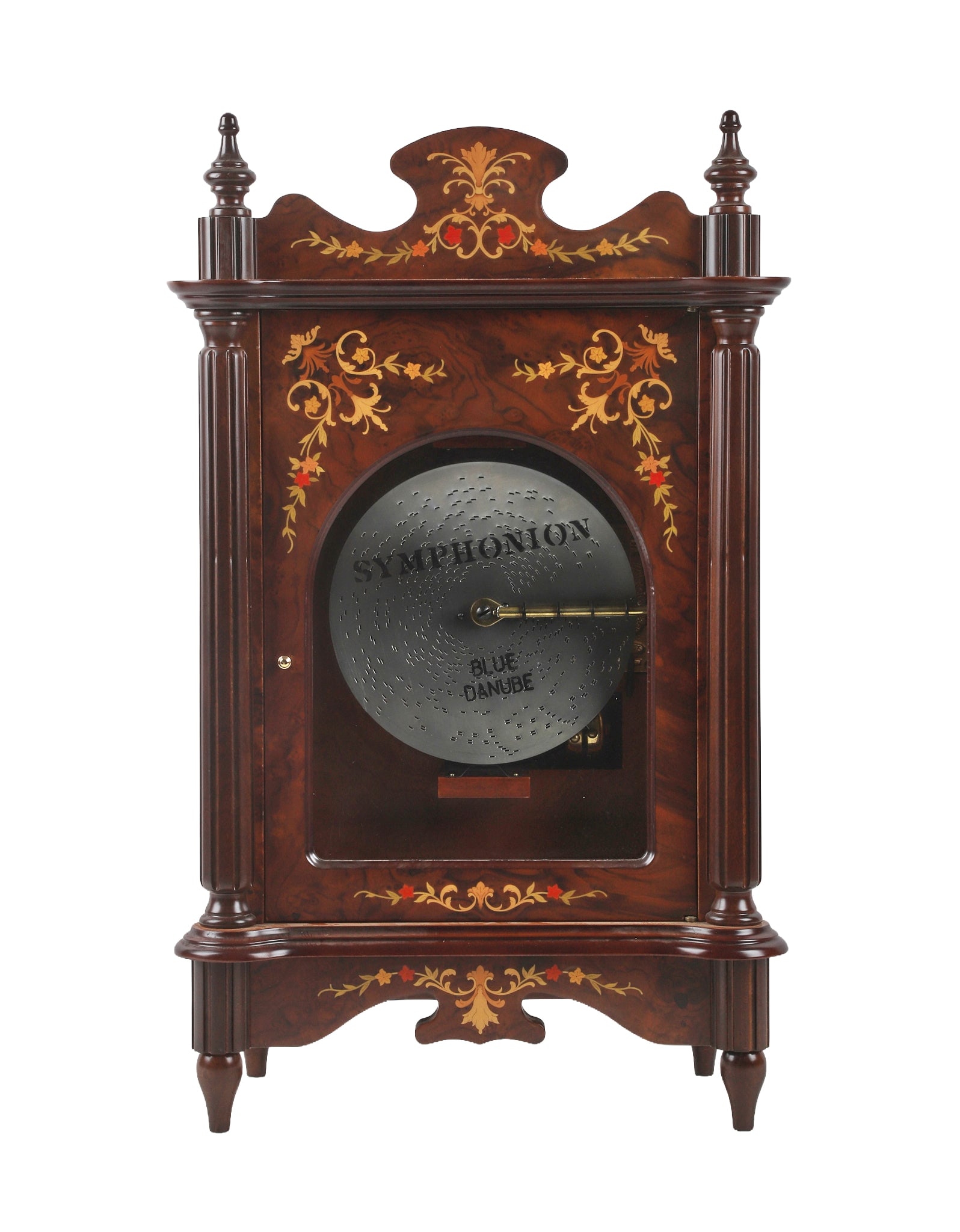 German Reproduction Symphonion 12" Disc Music Box W/ Six Discs: 20th C. German Reproduction Symphonion 12" Disc Music Box with six discs, with floral and scrollwork design on front and sides and a carved crest with finials, 29 1/2"t x 16"w x 9"d